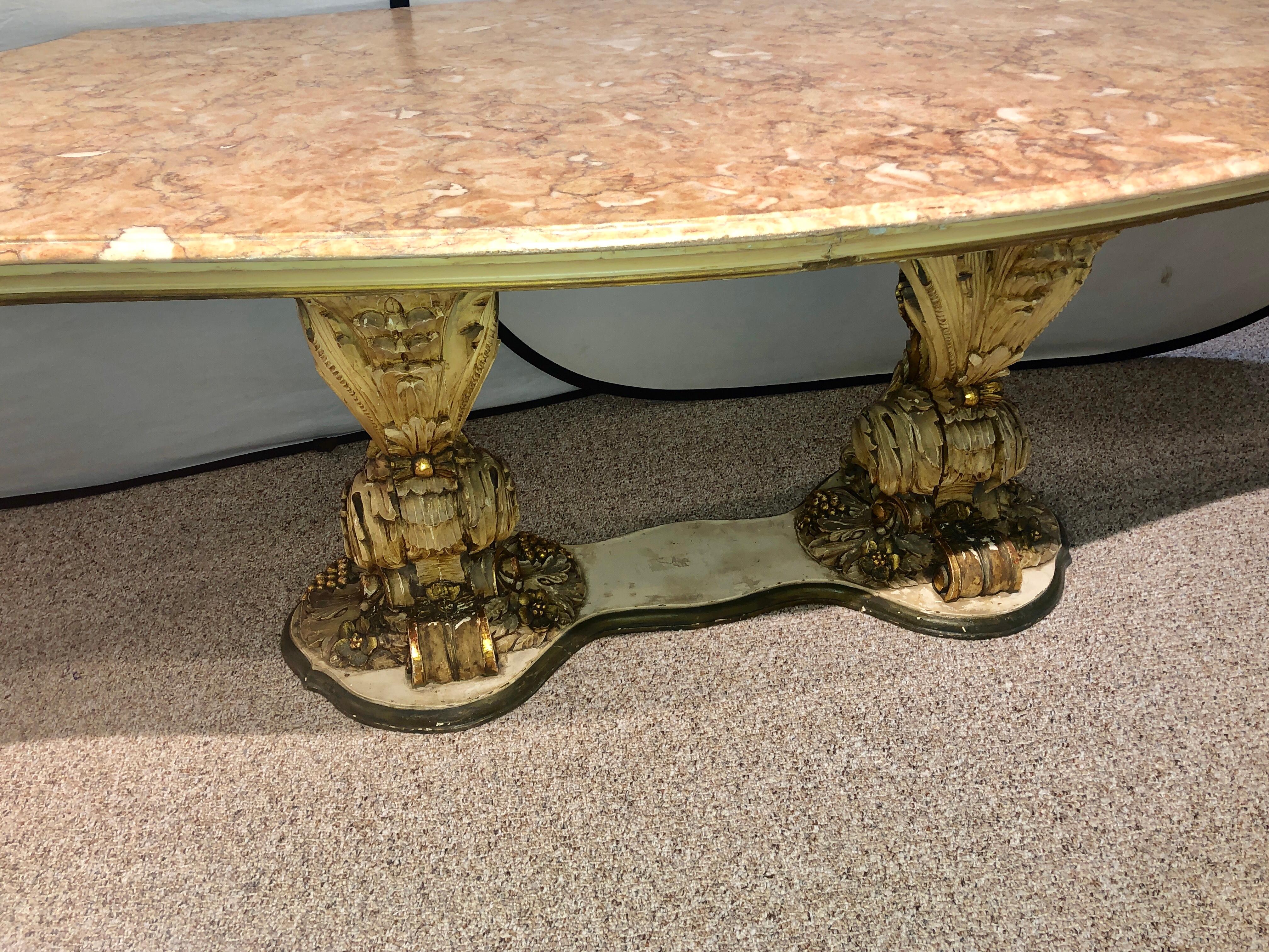 Palatial Italian Carved and Painted Base Marble Top Center or Dining Table For Sale 2