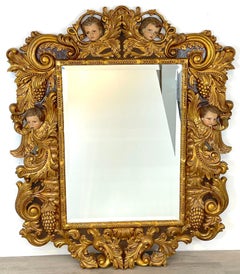 Palatial Italian Carved Figural Giltwood & Polychromed Baroque Style Mirror