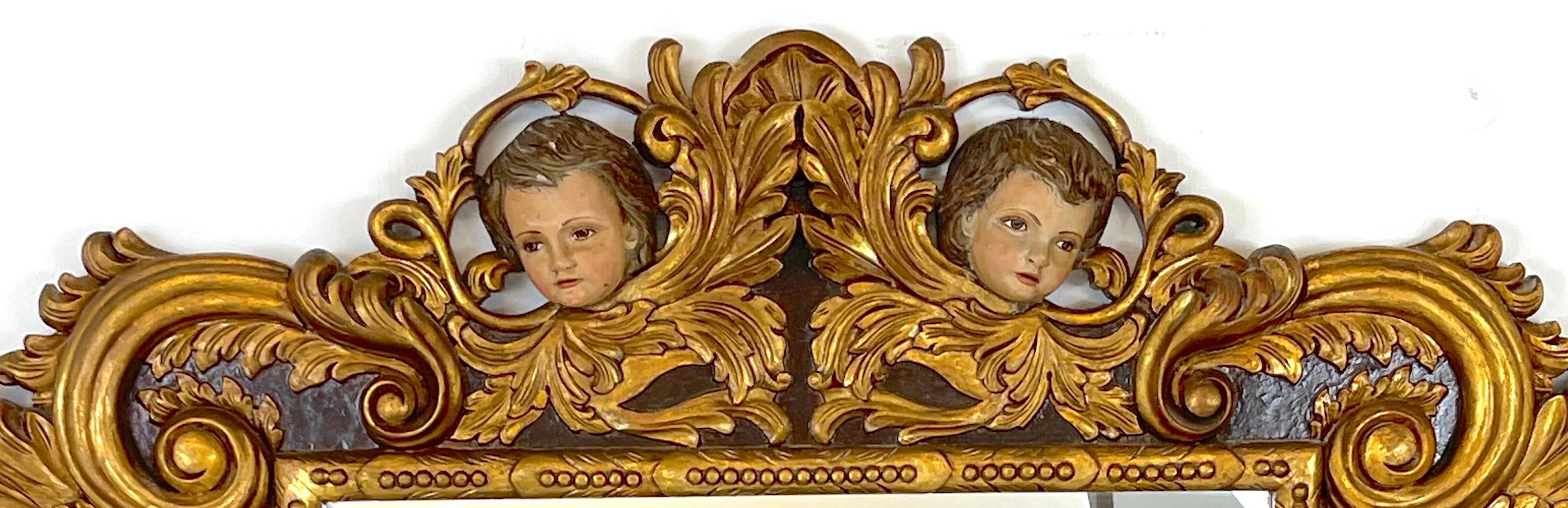 Palatial Italian Carved Figural Giltwood & Polychromed Baroque Style Mirror In Good Condition For Sale In West Palm Beach, FL