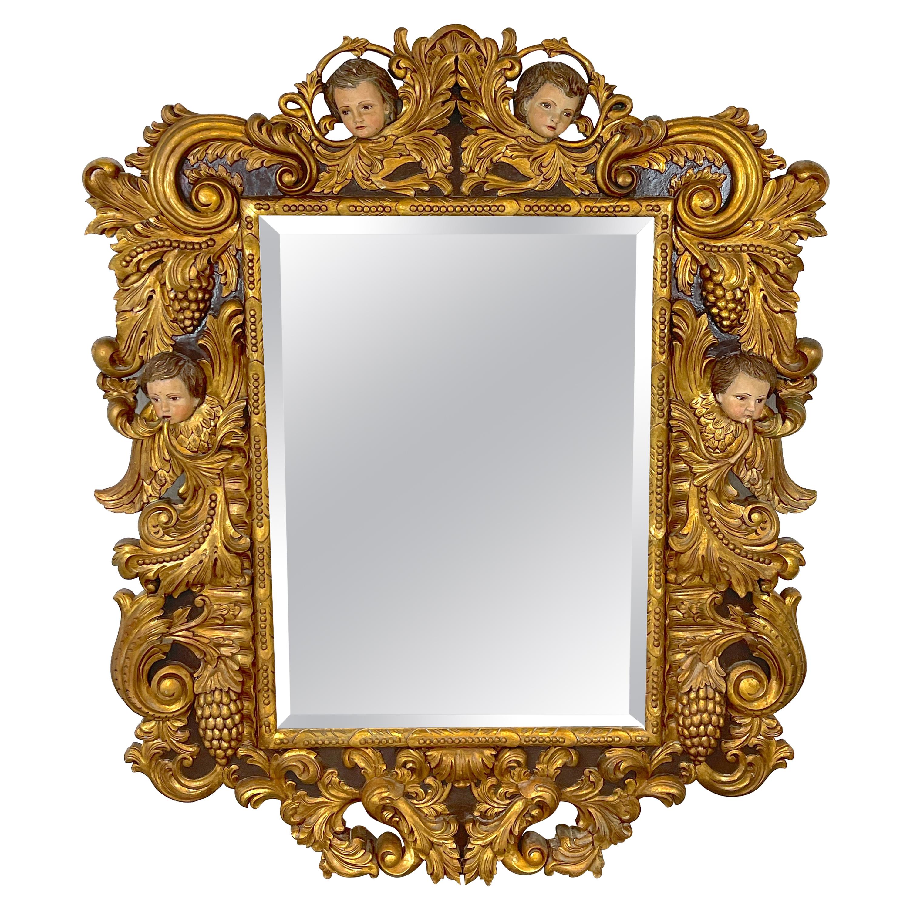 Palatial Italian Carved Figural Giltwood & Polychromed Baroque Style Mirror For Sale