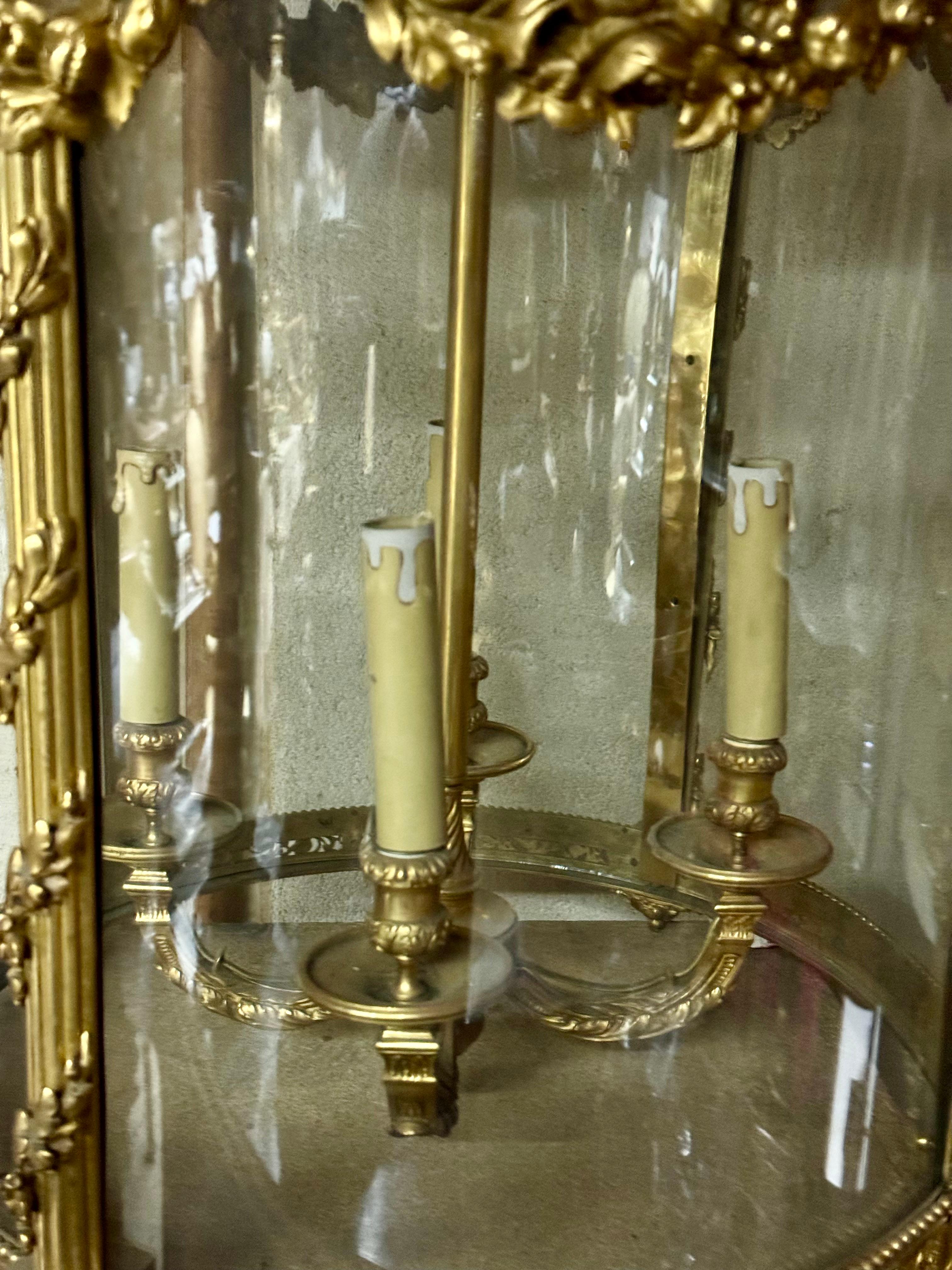 Magnificent  palatial  lantern louis XVI style in gilded bronze ,four arm hanging lantern lamp  four glass panels 
