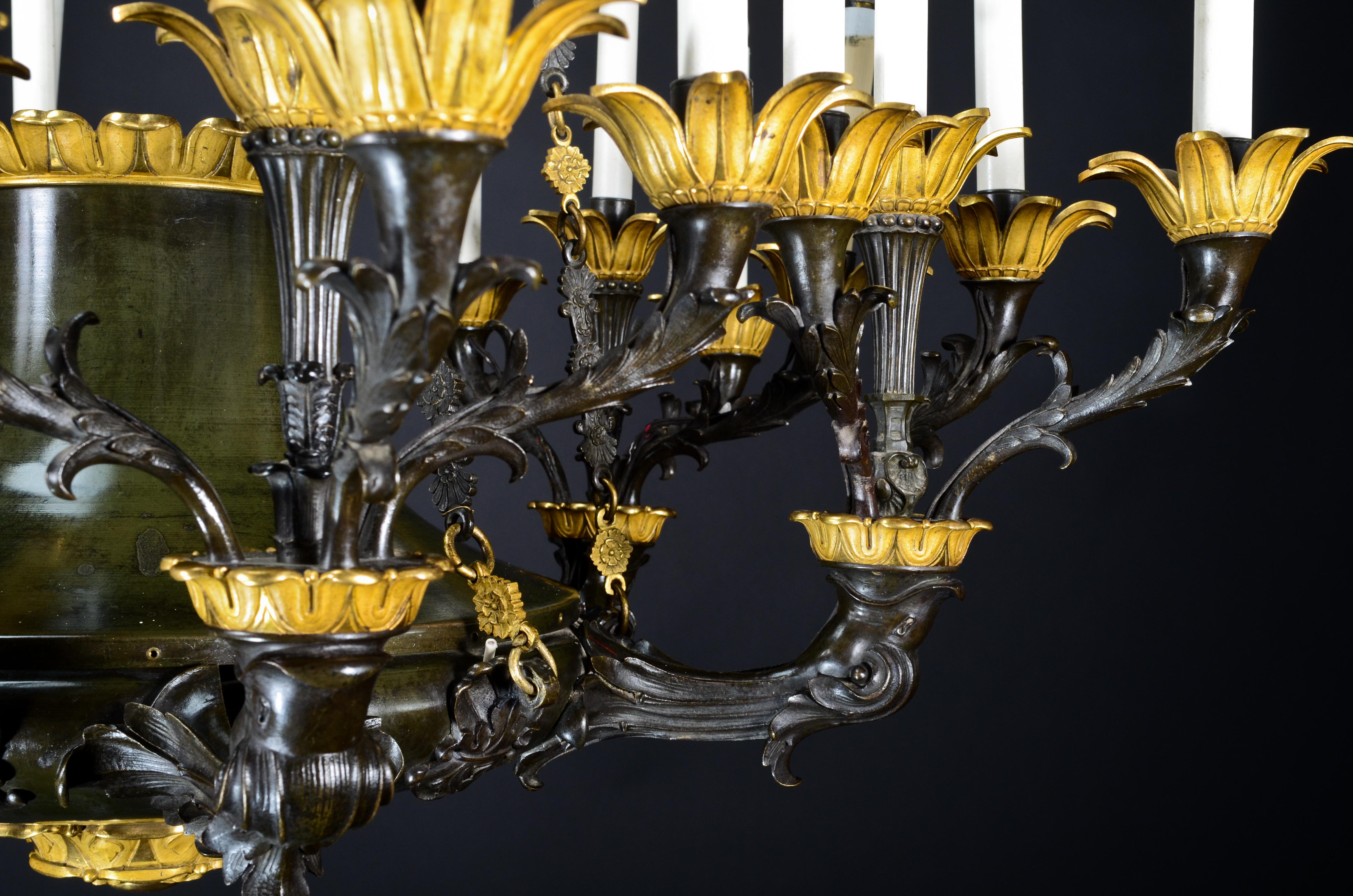 Palatial Large French Empire Gilt and Patina Bronze Multi Light Chandelier In Good Condition In New York, NY