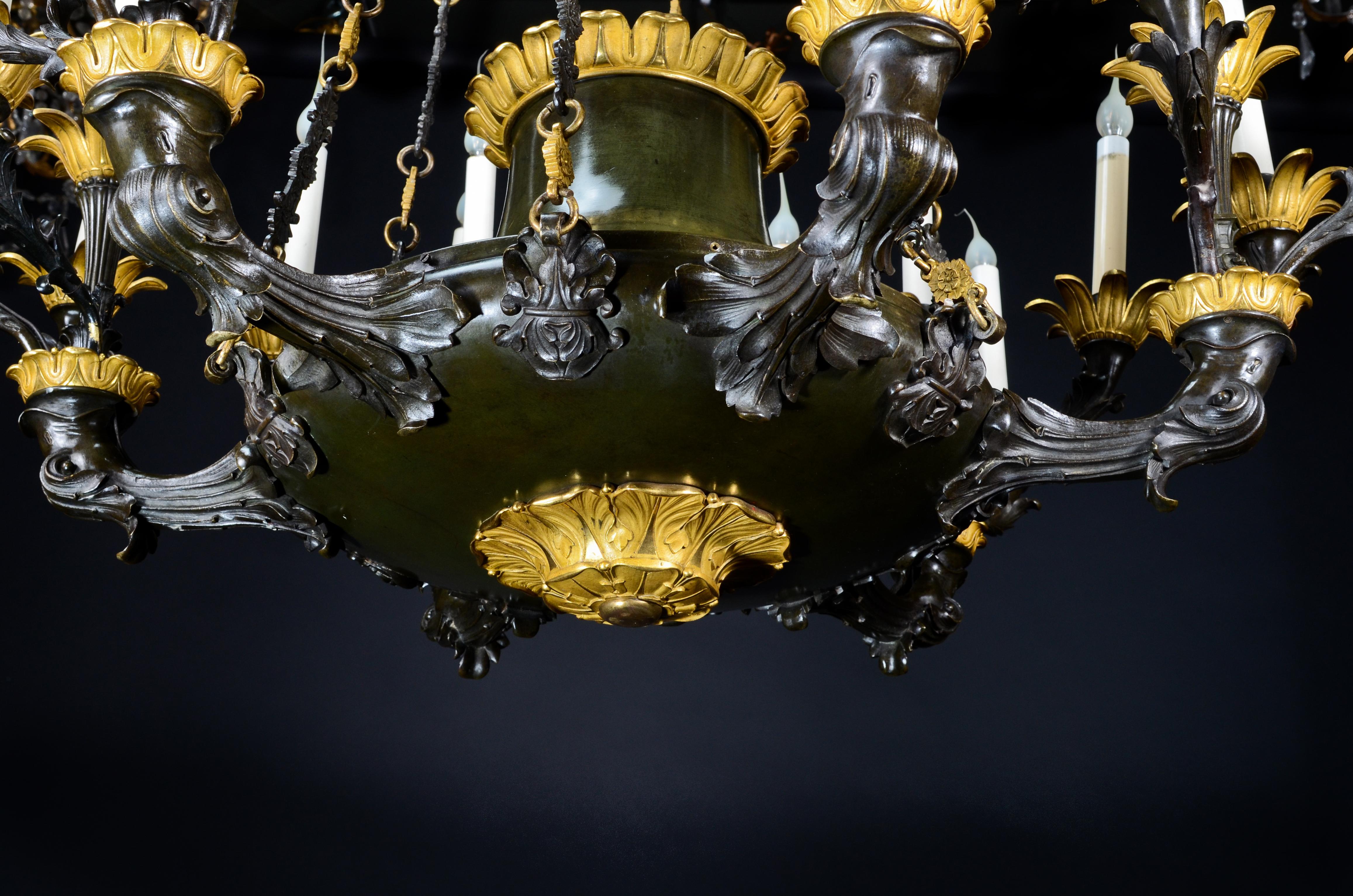 19th Century Palatial Large French Empire Gilt and Patina Bronze Multi Light Chandelier