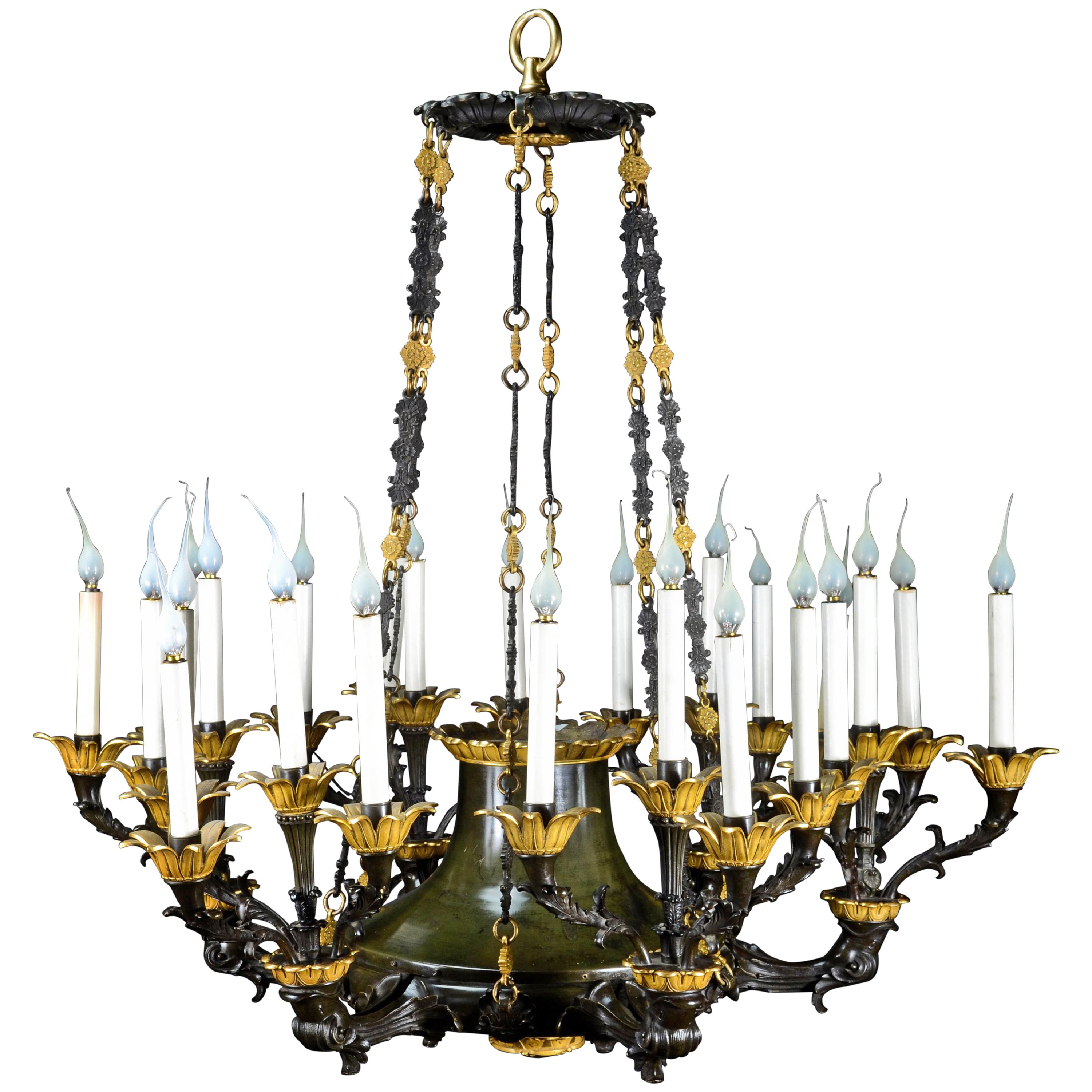 Palatial Large French Empire Gilt and Patina Bronze Multi Light Chandelier