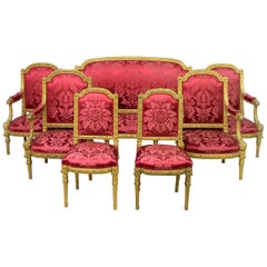 Antique Palatial Late 19th Century Seven Piece Giltwood Carved Parlor Set