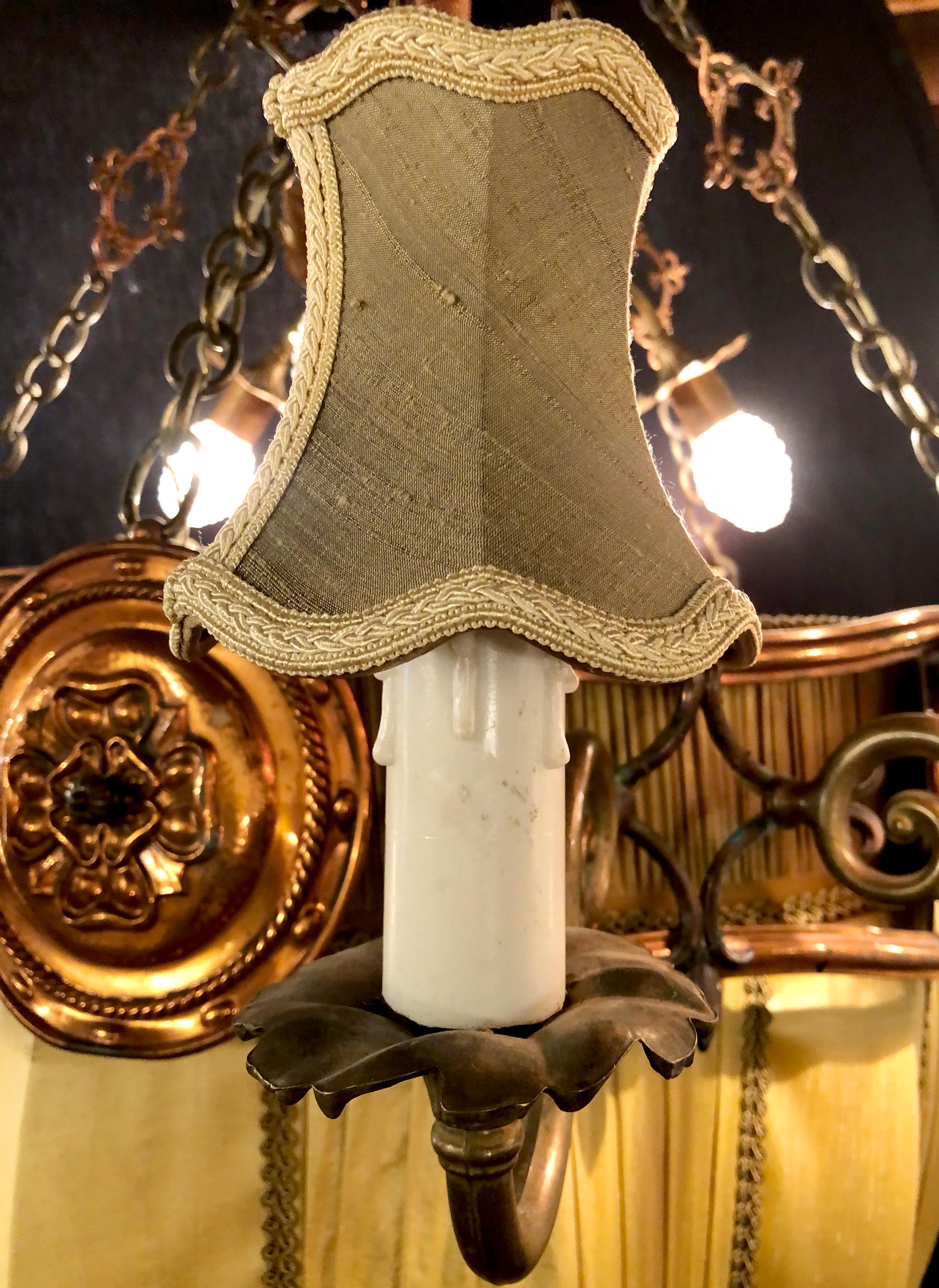 Palatial Light Fixture in Copper, Brass and Iron with Silk Dome Shade For Sale 7