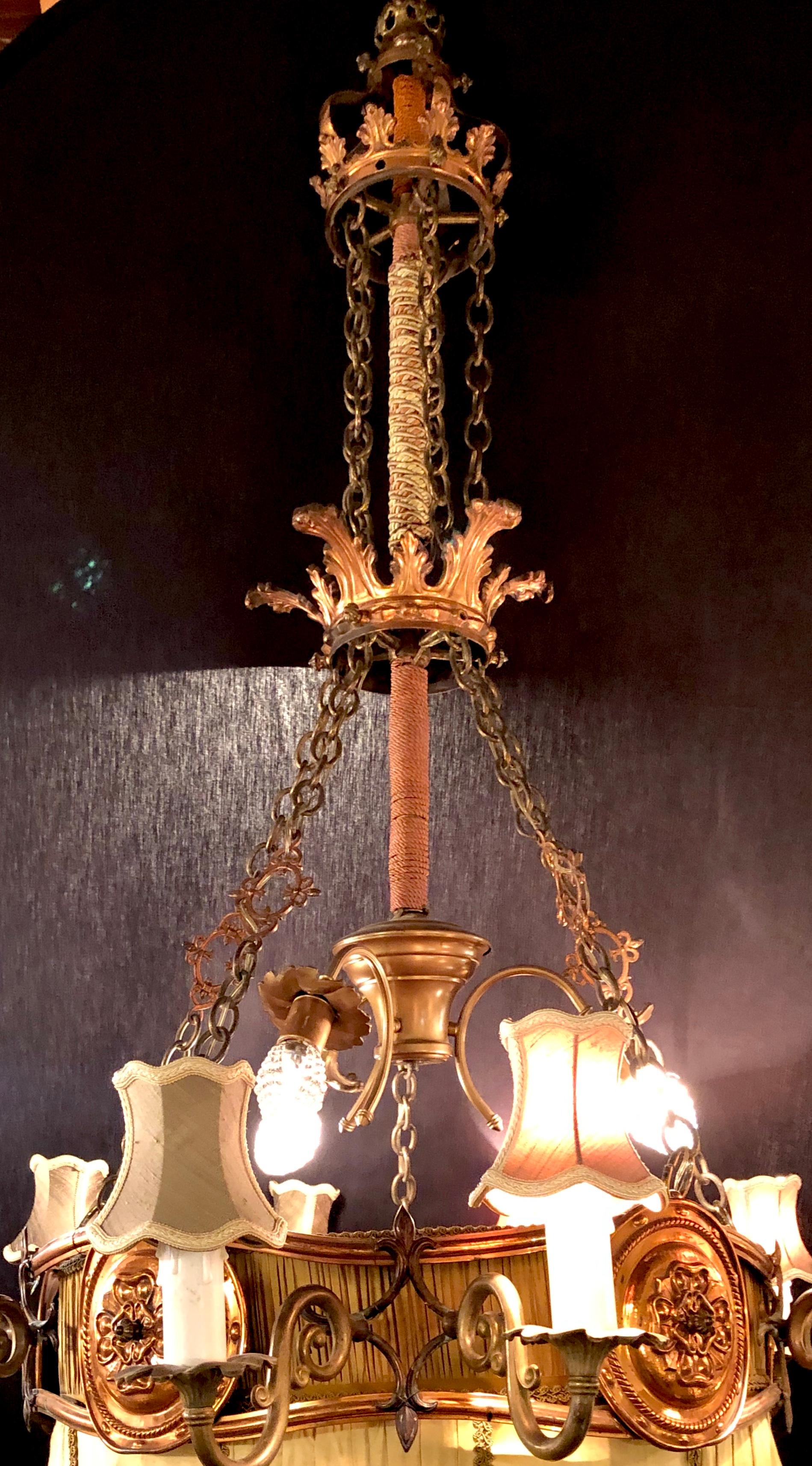 Palatial Light Fixture in Copper, Brass and Iron with Silk Dome Shade For Sale 11