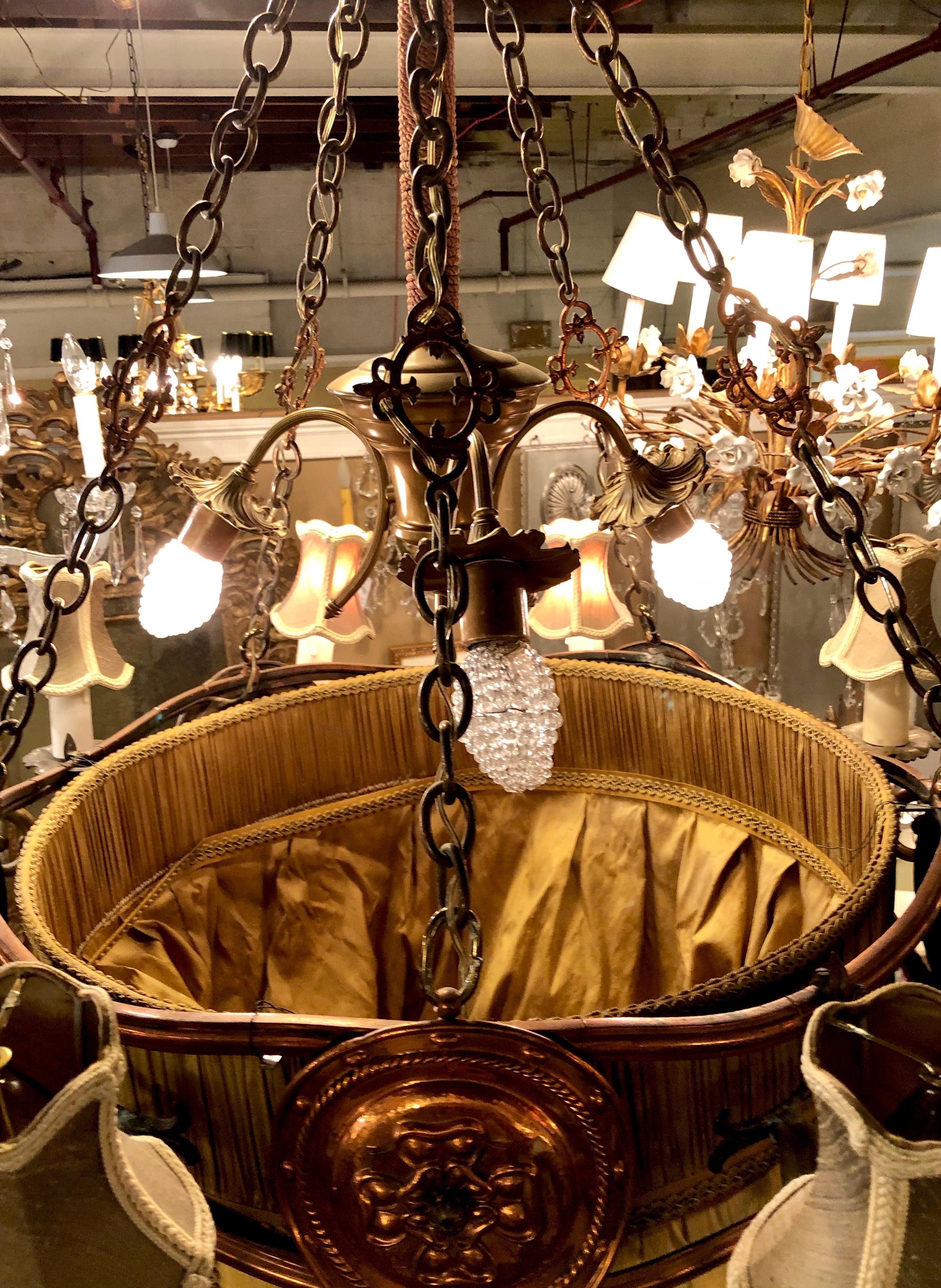 Palatial Light Fixture in Copper, Brass and Iron with Silk Dome Shade For Sale 13
