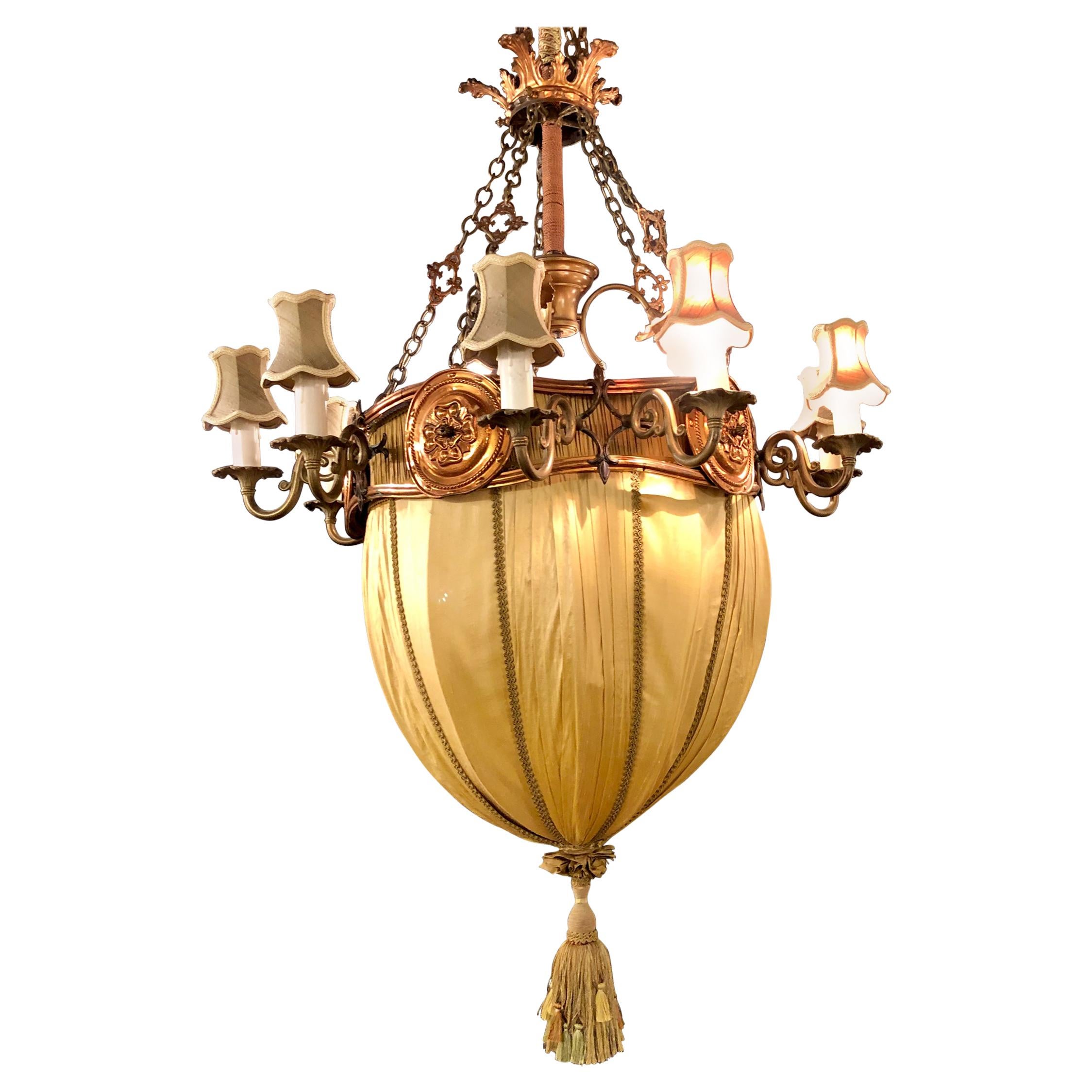 Palatial Light Fixture in Copper, Brass and Iron with Silk Dome Shade For Sale