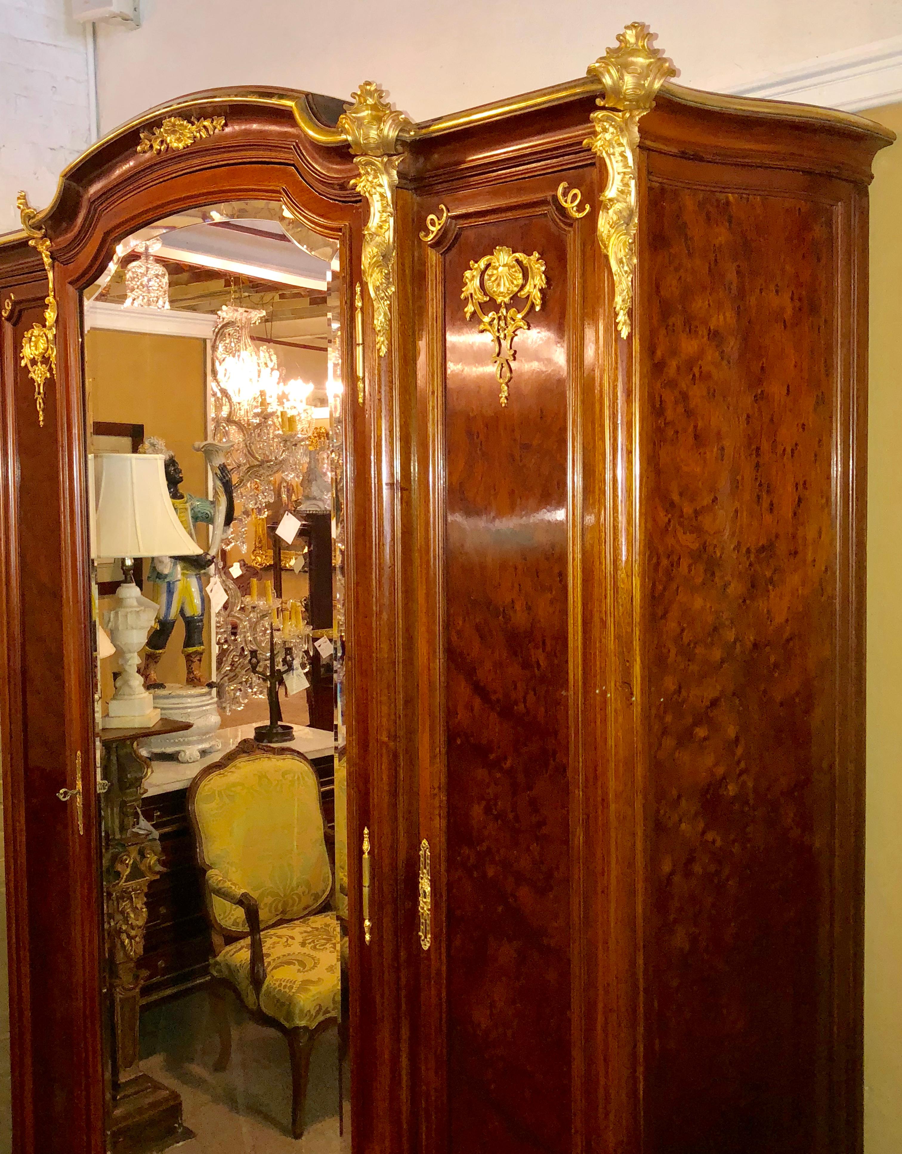 Palatial Louis XV Doré Mounted Three-Section Armoire with Interior Mirrored Door 11