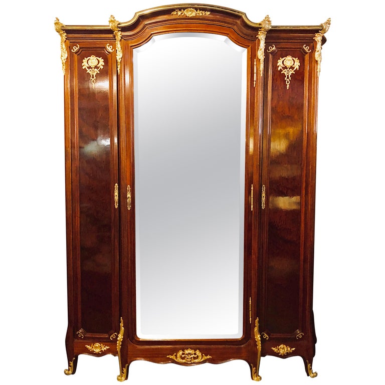 Palatial Louis Xv Doré Mounted Three Section Armoire With Interior Mirrored Door