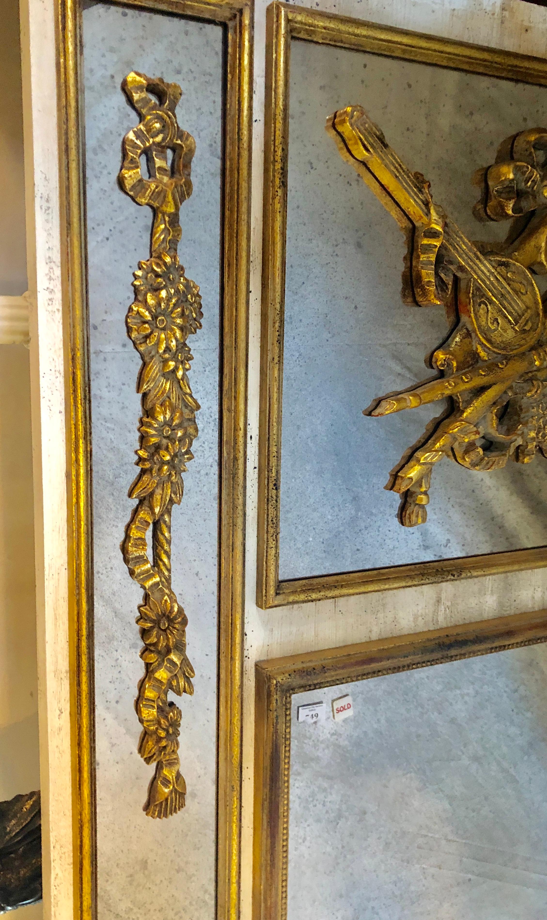 Palatial Louis XVI Style Gilt and Poly-Chromed Wall / Mantle or Console Mirror In Good Condition In Stamford, CT