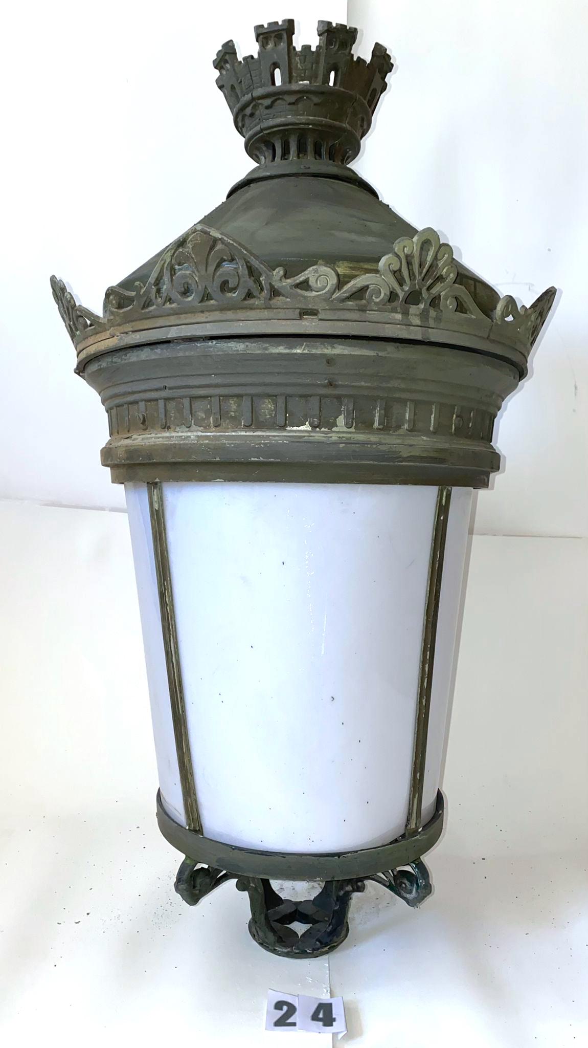 The Lantern pictured in this listing is Lantern #24

Details for This Lantern (Lantern #24):
• color is dark green
• cast aluminum and plexiglass
• weighs approximately 22 lbs
• is a hanging lantern and casts its light outward
• opens from