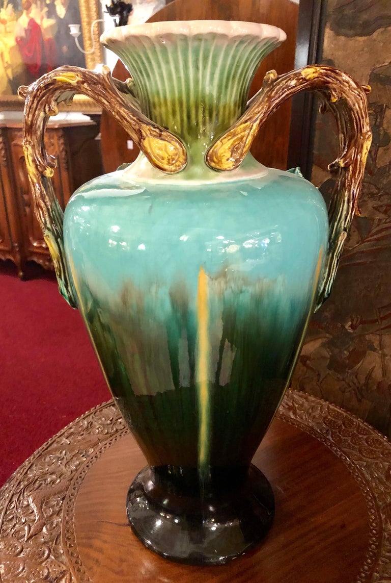 Palatial Majolica Vase with Flowers, 19th Century at 1stDibs