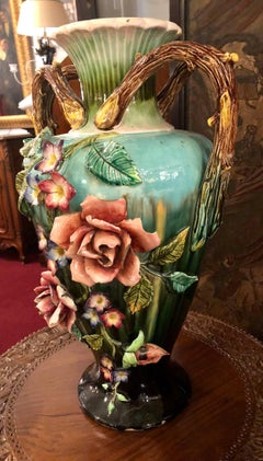 Palatial Majolica Vase with Flowers, 19th Century