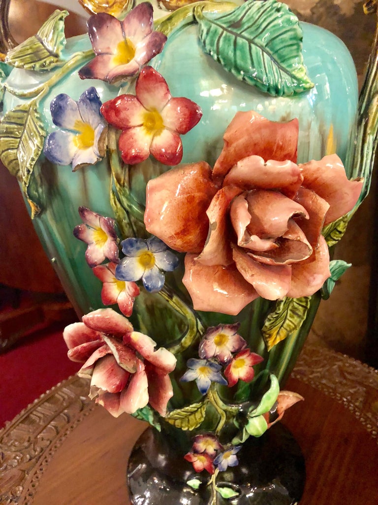 Palatial Majolica Vase with Flowers, 19th Century at 1stDibs