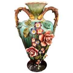 Palatial Majolica Vase with Flowers, 19th Century