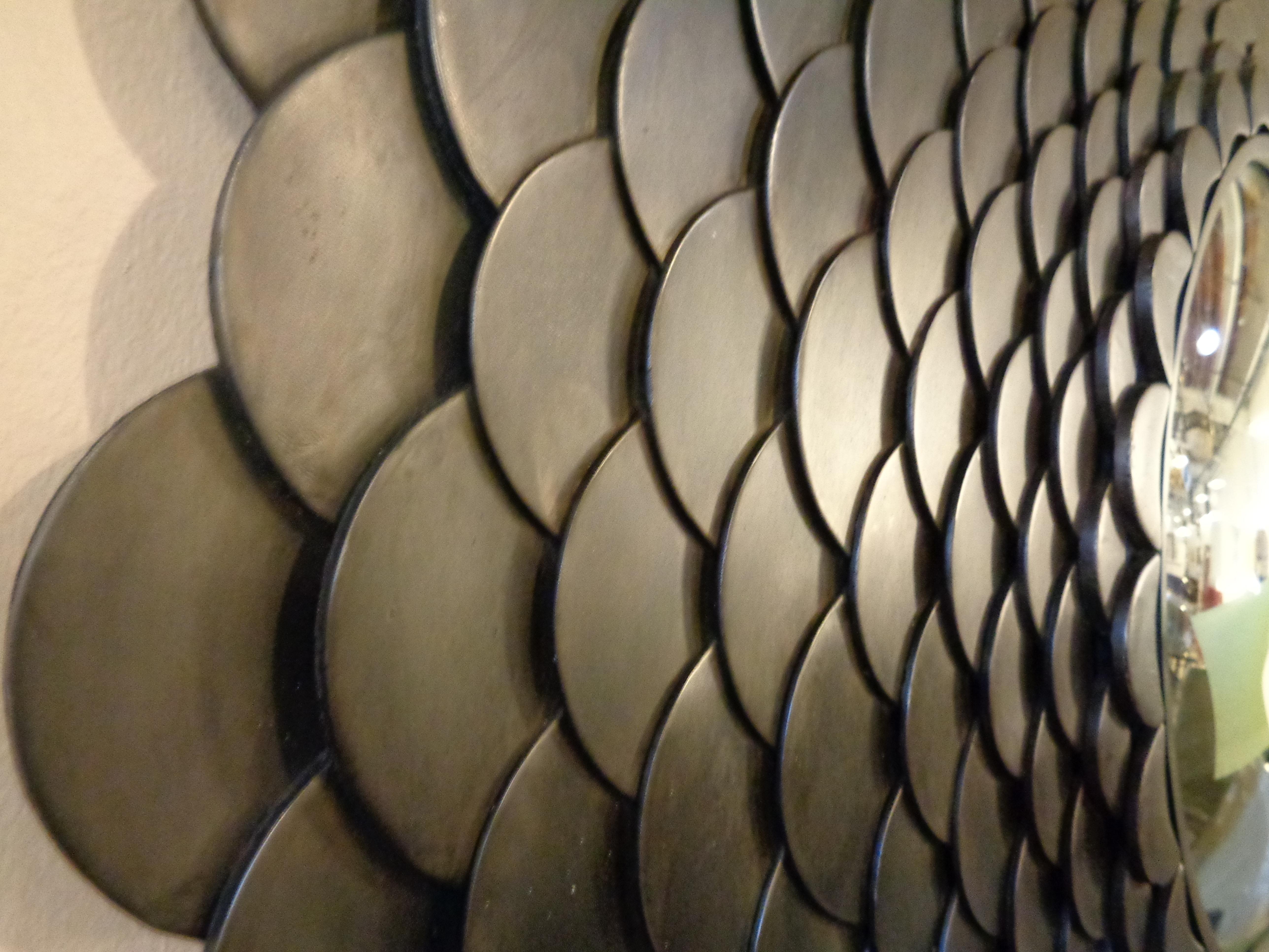 Palatial Modernist Steel Fish Scale Convex Wall or Console Mirror In Good Condition In Manhasset, NY