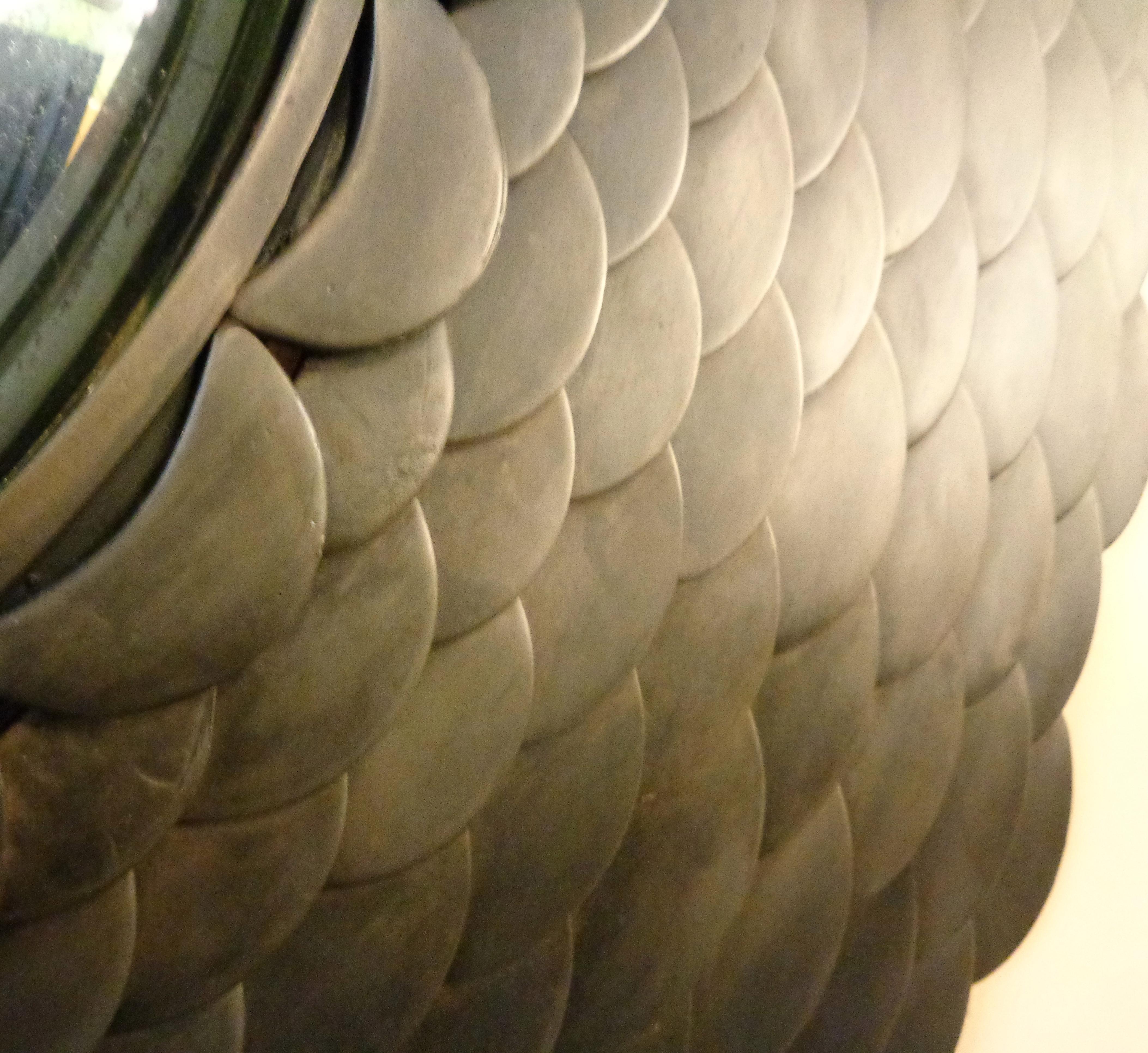 20th Century Palatial Modernist Steel Fish Scale Convex Wall or Console Mirror