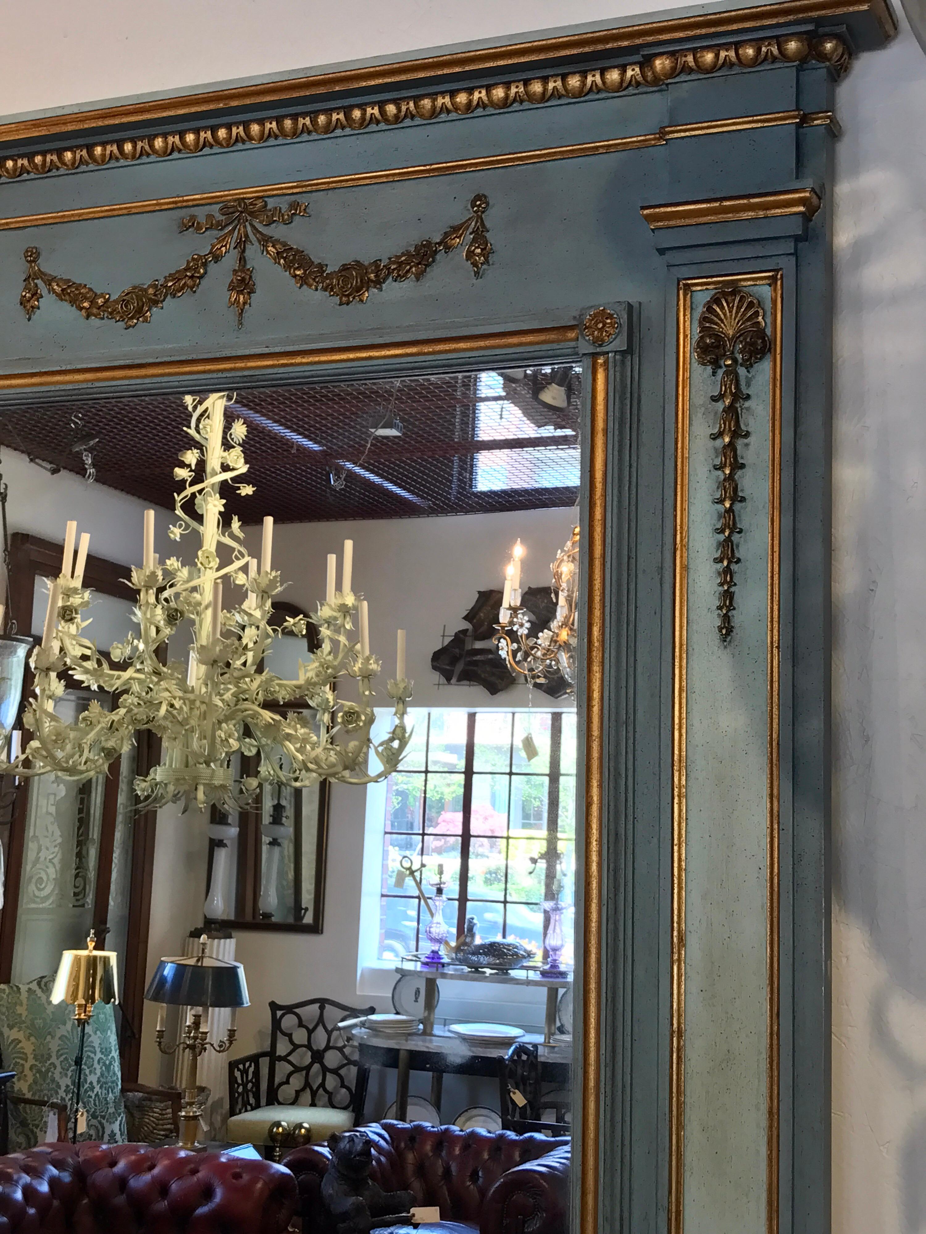Carved Palatial Neoclassical Mirror, in Swedish Blue For Sale