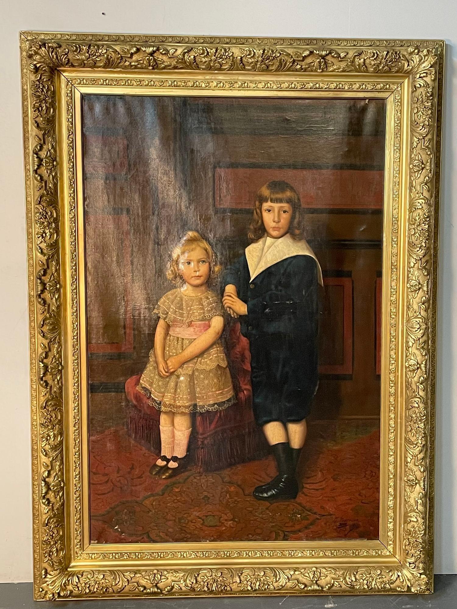 A palatial oil on canvas of a portrait of siblings signed J. Peellaert. A finely detailed oil on canvas of a boy and his sister by J Peellaert. Unframed this painting measures 63