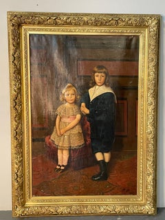 Palatial 19th C. Oil on Canvas of a Portrait of Siblings Signed J. Peellaert