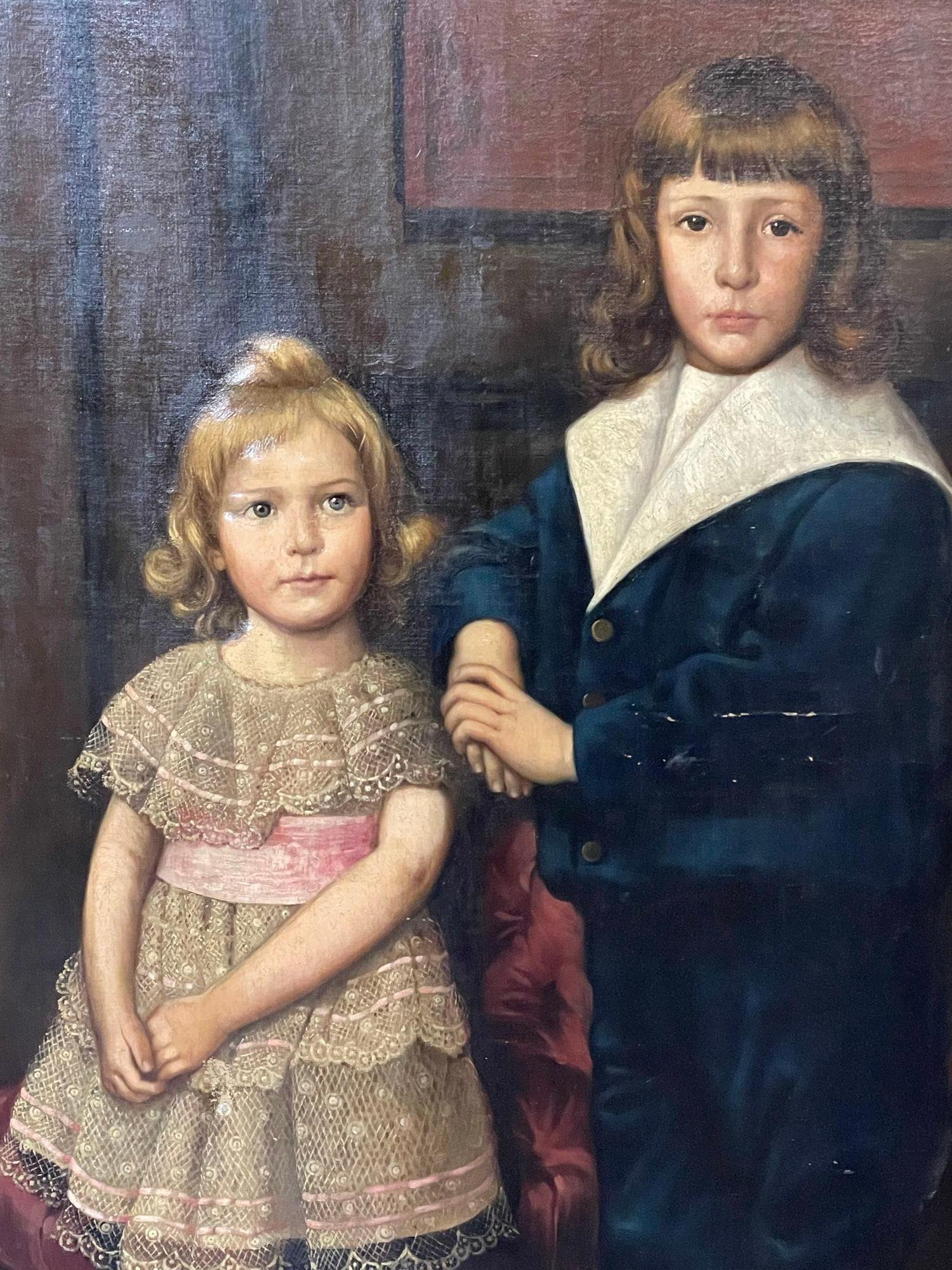 Belle Époque Palatial 19th Centur Oil on Canvas of a Portrait of Siblings Signed J. Peellaert For Sale