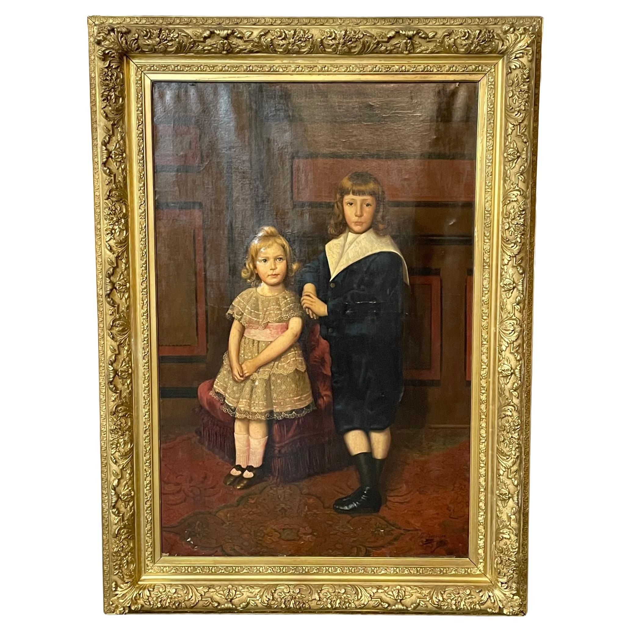 Palatial 19th Centur Oil on Canvas of a Portrait of Siblings Signed J. Peellaert For Sale