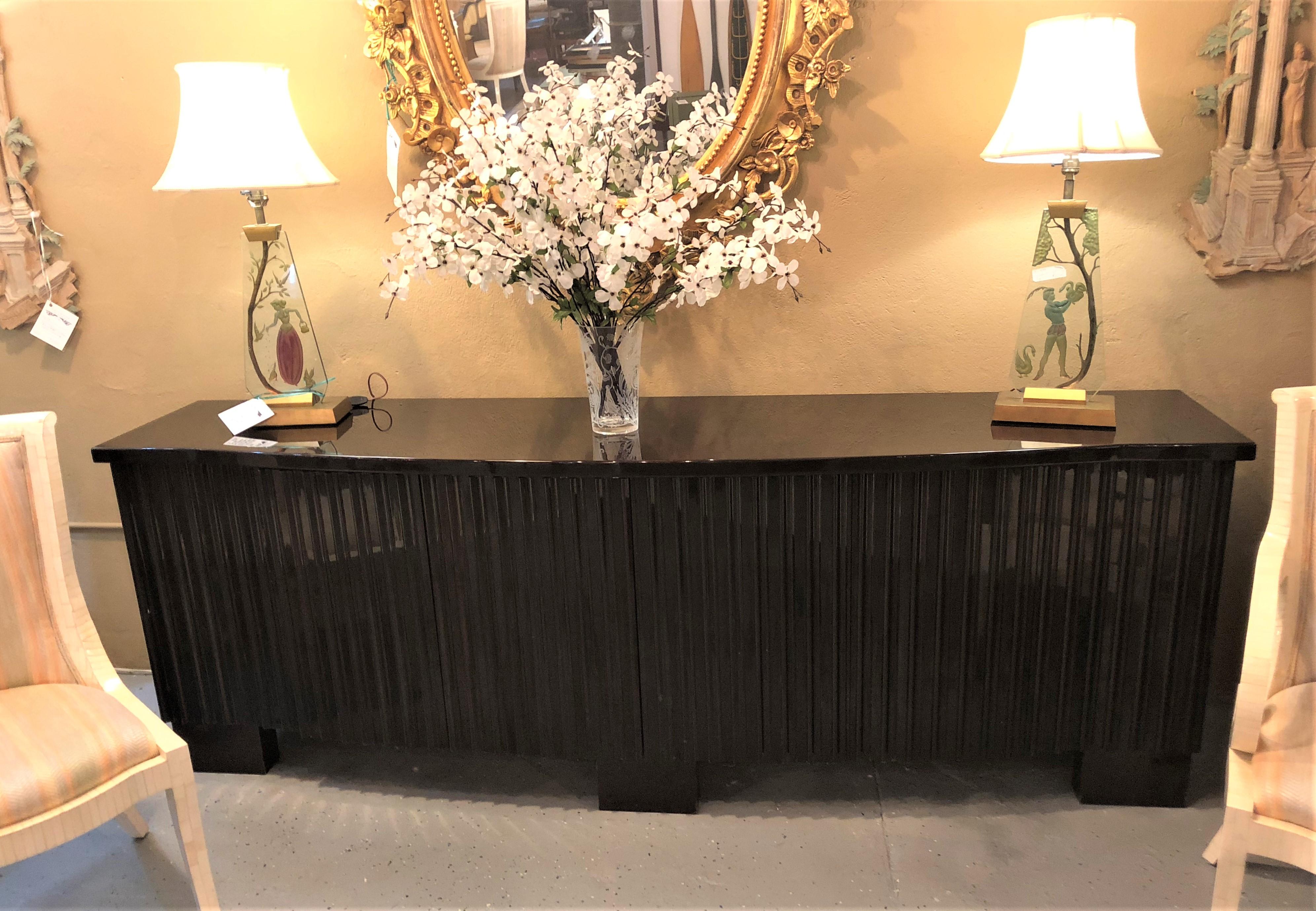 Palatial pace wavy front mahogany lacquered credenza or sideboard. This is simply the most stunning of all dining sideboards or credenzas. Having been retailed by pace to a fine Greenwich CT home this case recently consigned to Greenwich living has