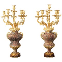 Palatial Pair of 19th Century Gilt Bronze-Mounted Six-Light Marble Candelabra