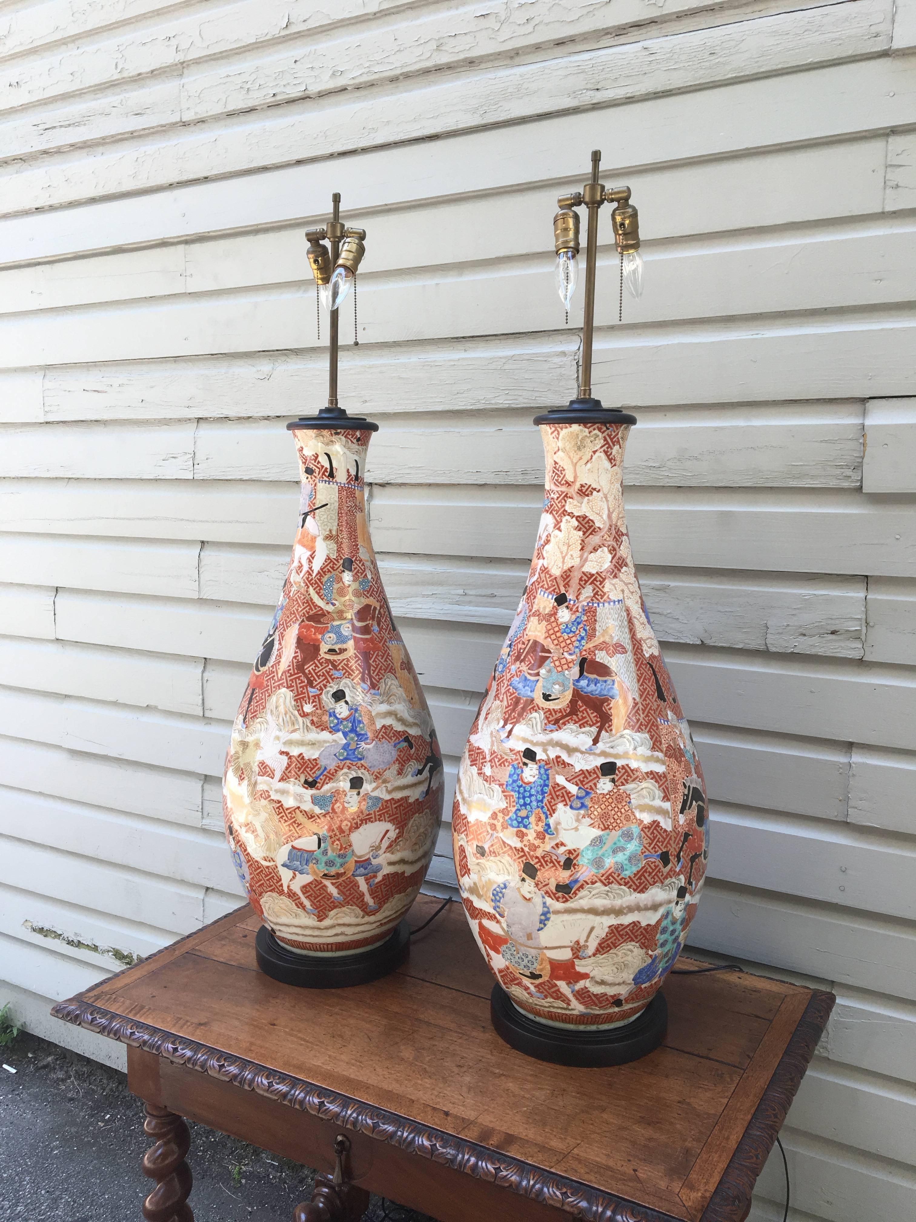 Meiji Palatial Pair of 19th Century Japanese Kutani Porcelain Vases as Lamps
