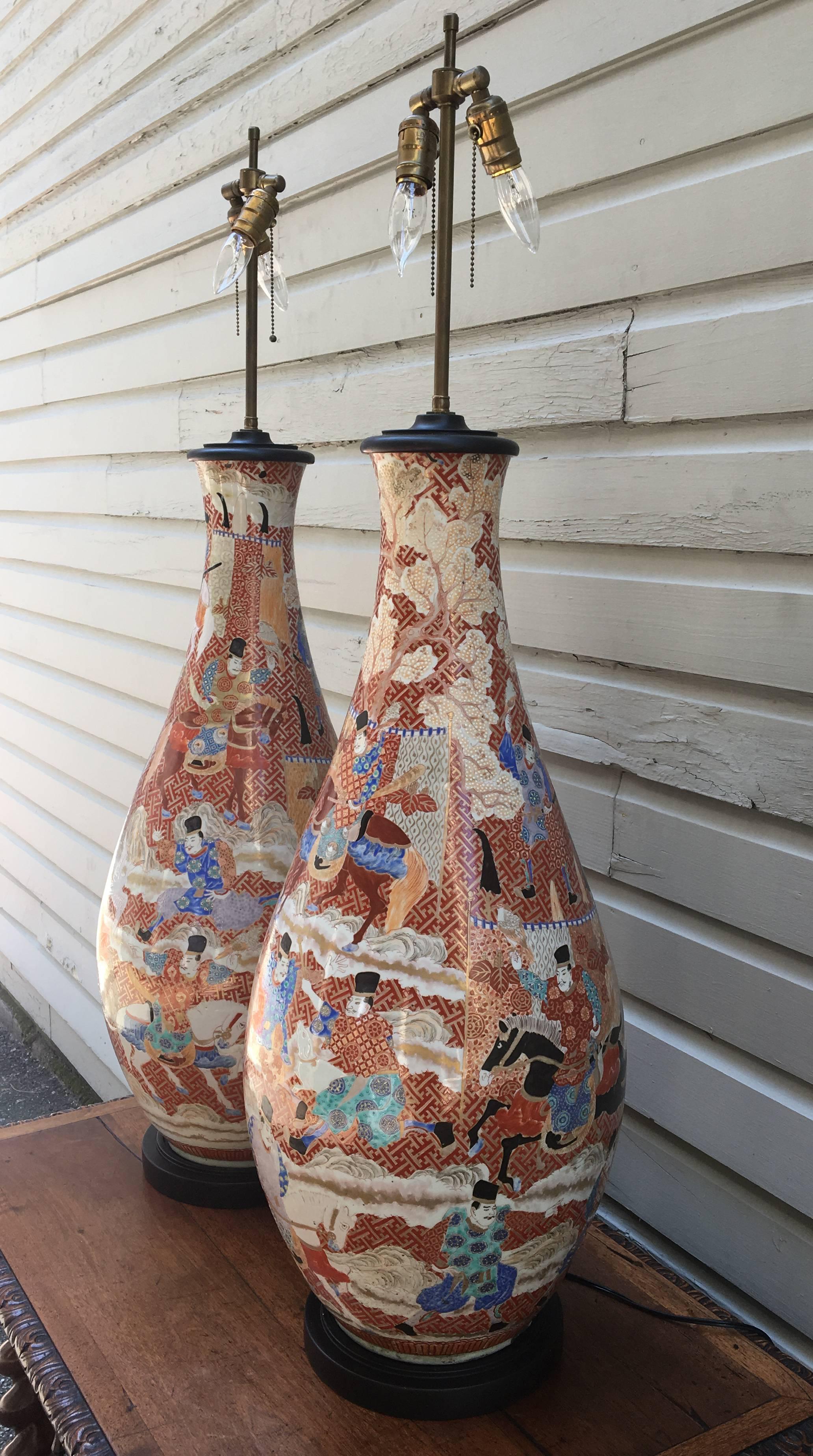 Palatial Pair of 19th Century Japanese Kutani Porcelain Vases as Lamps In Excellent Condition In Charleston, SC
