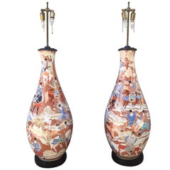 Palatial Pair of 19th Century Japanese Kutani Porcelain Vases as Lamps