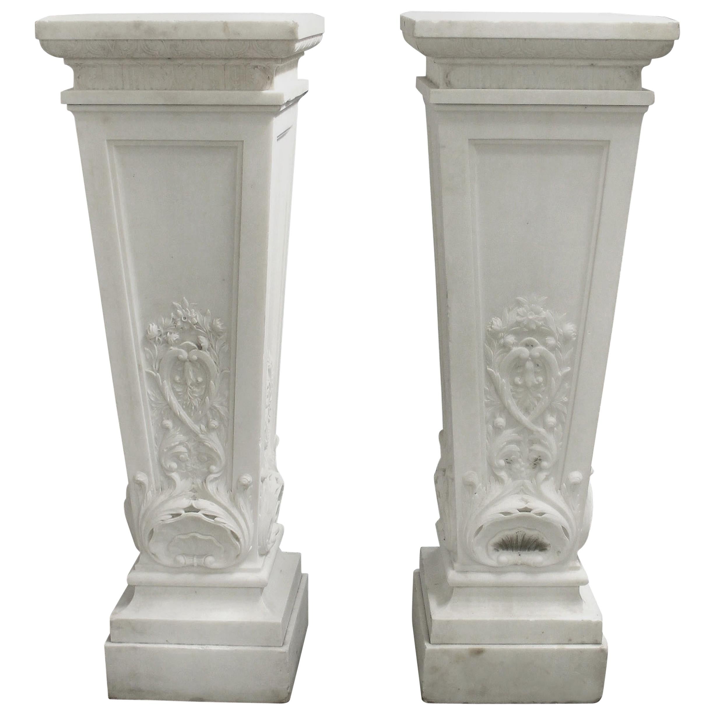 Palatial Pair of Early 20th Century Carved White Marble Pedestals