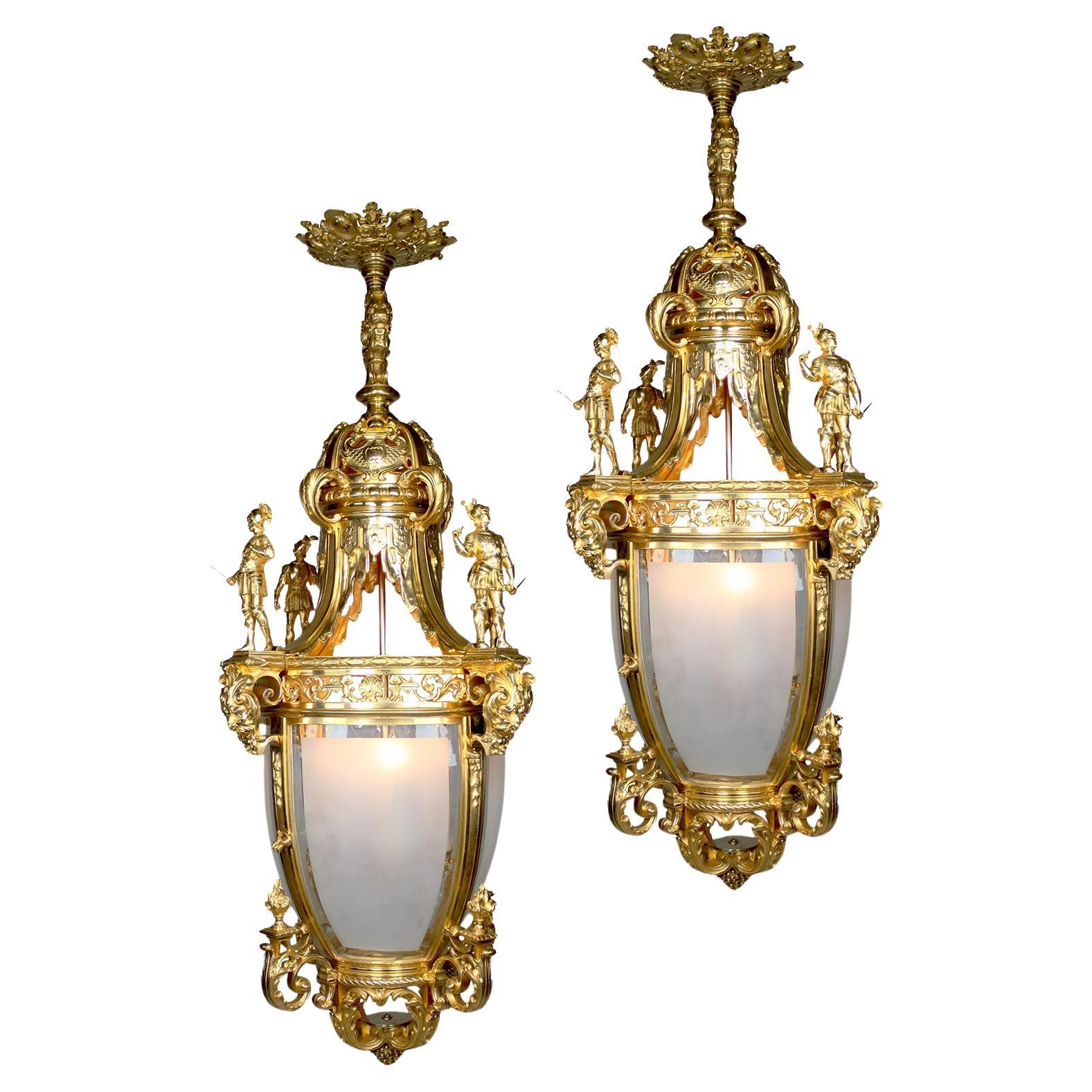 A Palatial Pair French 19th/20th C.  Régence Style Gilt-Bronze 4-Light Lanterns For Sale