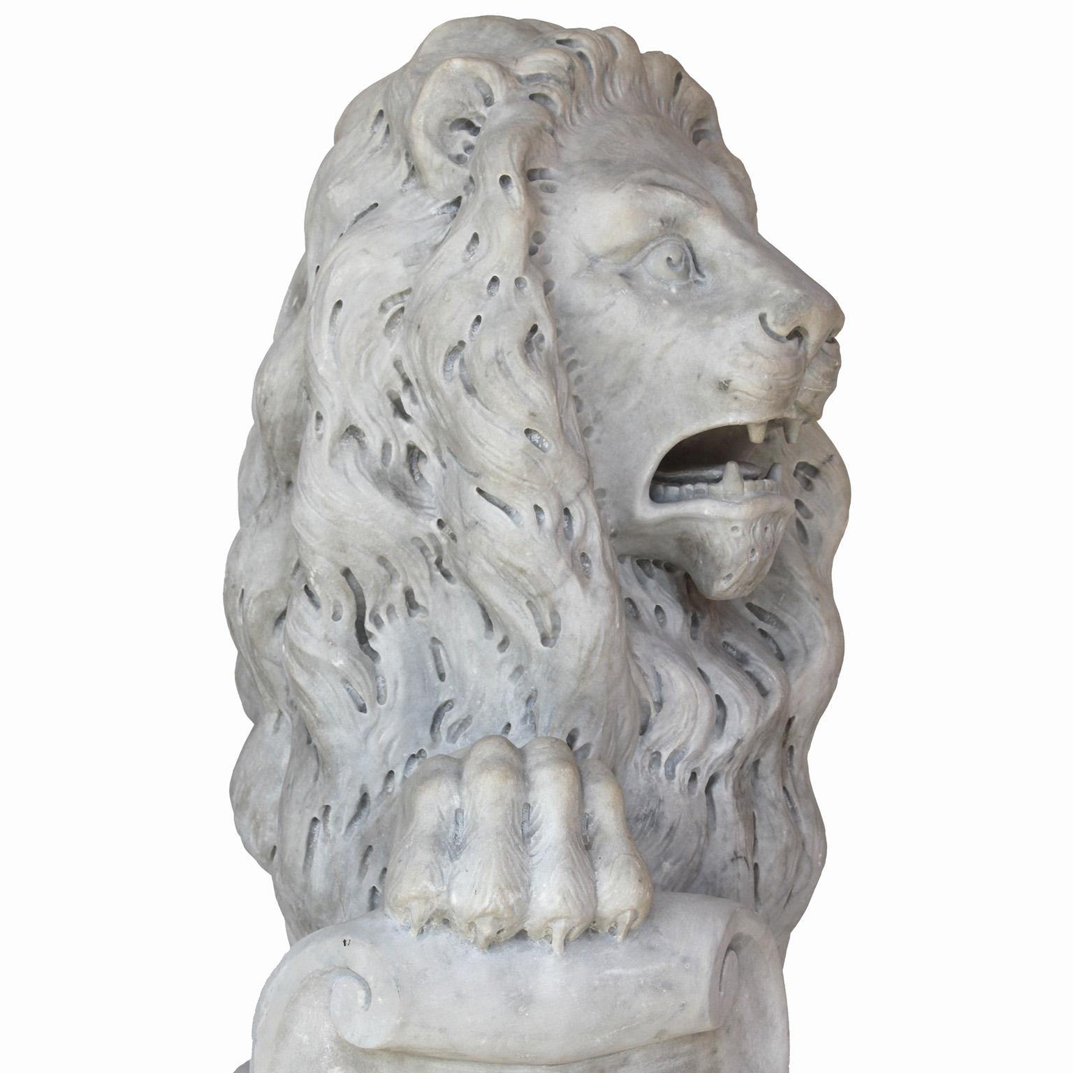  Palatial Pair of French Baroque Style 19th Century Carved Marble Sitting Lions For Sale 6