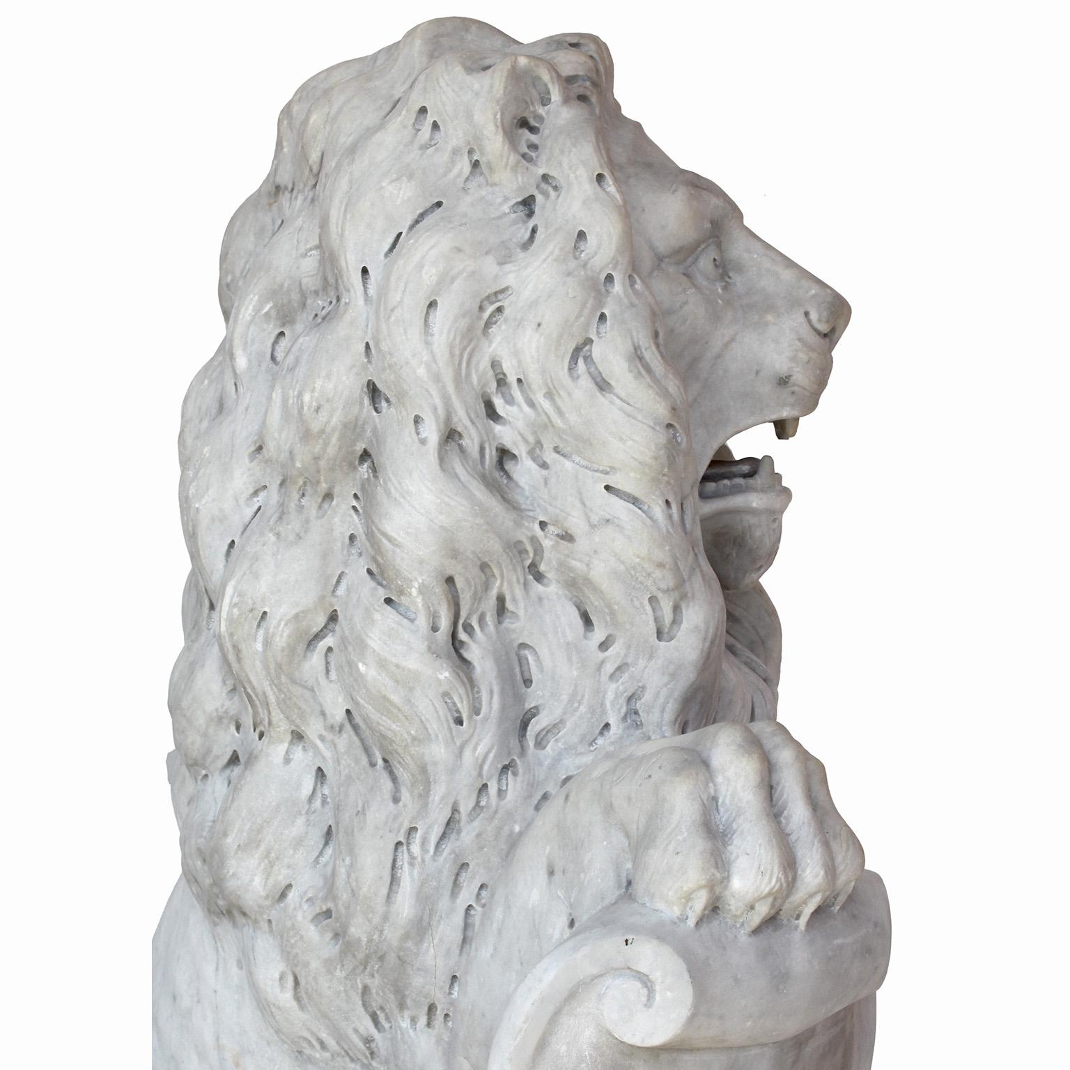  Palatial Pair of French Baroque Style 19th Century Carved Marble Sitting Lions For Sale 7
