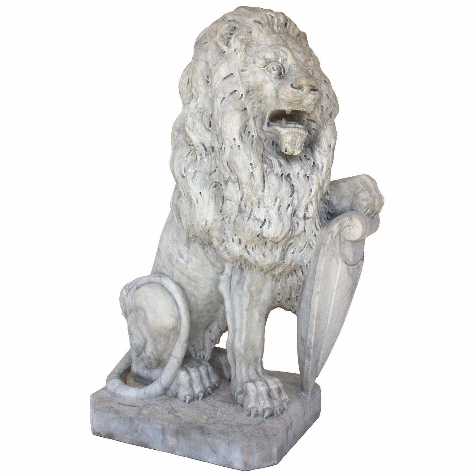  Palatial Pair of French Baroque Style 19th Century Carved Marble Sitting Lions For Sale 8