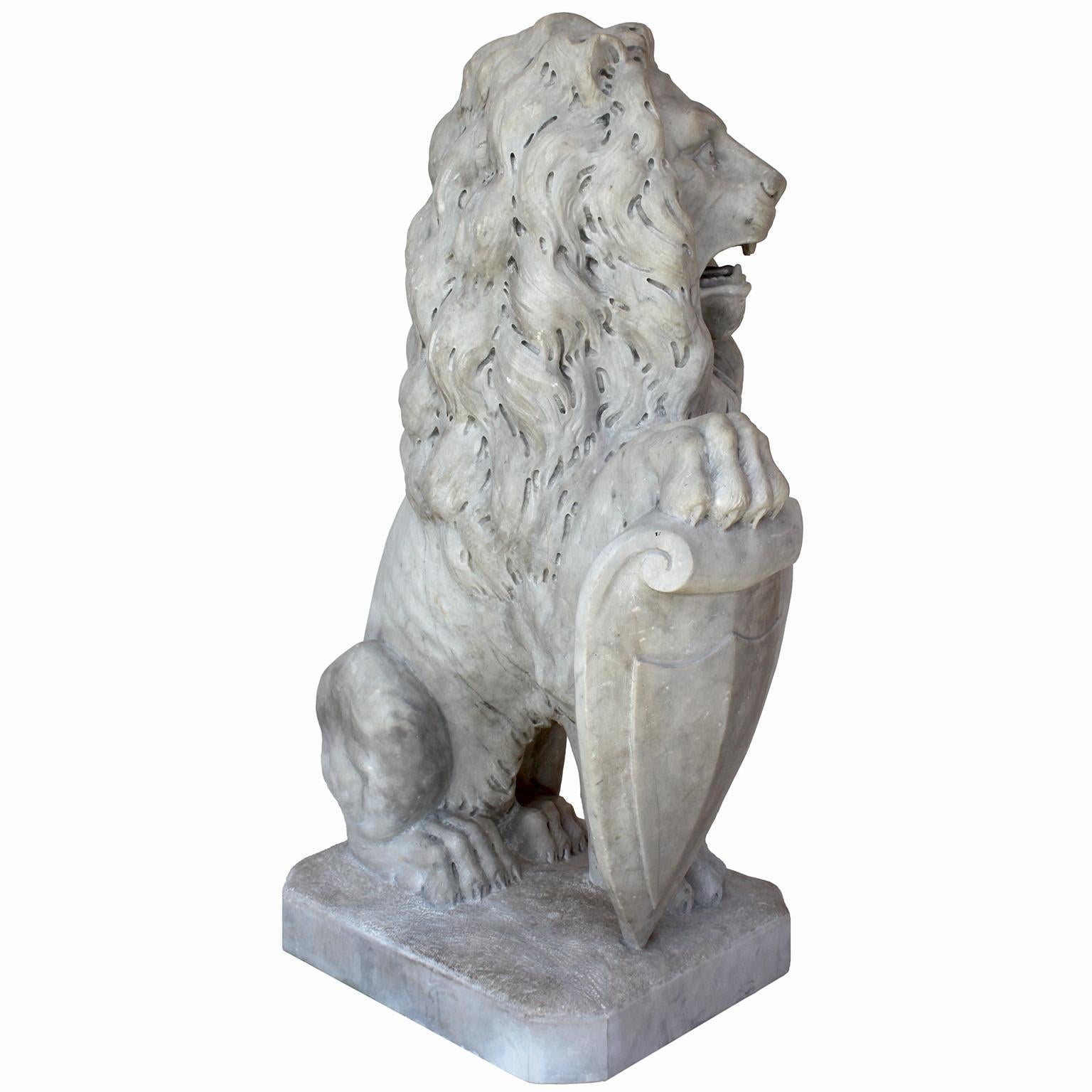  Palatial Pair of French Baroque Style 19th Century Carved Marble Sitting Lions For Sale 9