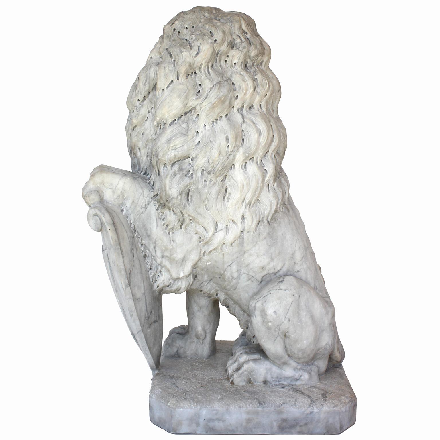  Palatial Pair of French Baroque Style 19th Century Carved Marble Sitting Lions For Sale 11