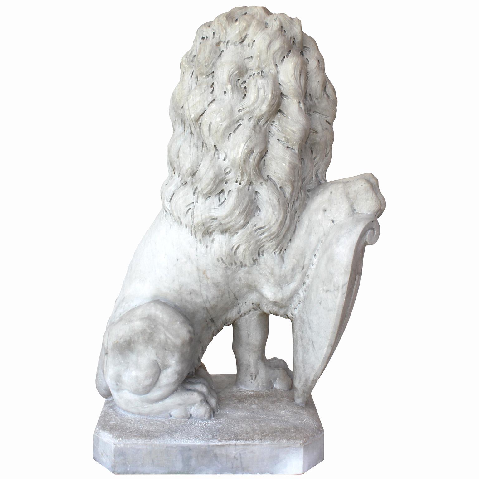  Palatial Pair of French Baroque Style 19th Century Carved Marble Sitting Lions For Sale 12
