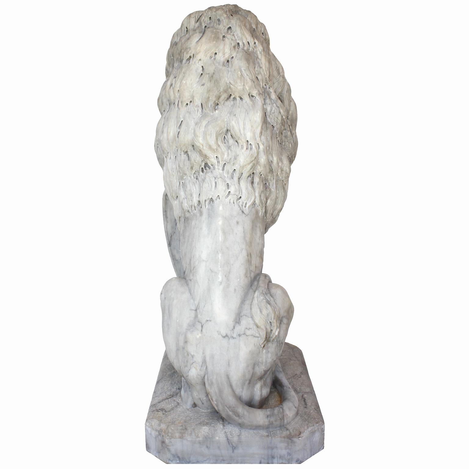  Palatial Pair of French Baroque Style 19th Century Carved Marble Sitting Lions For Sale 14