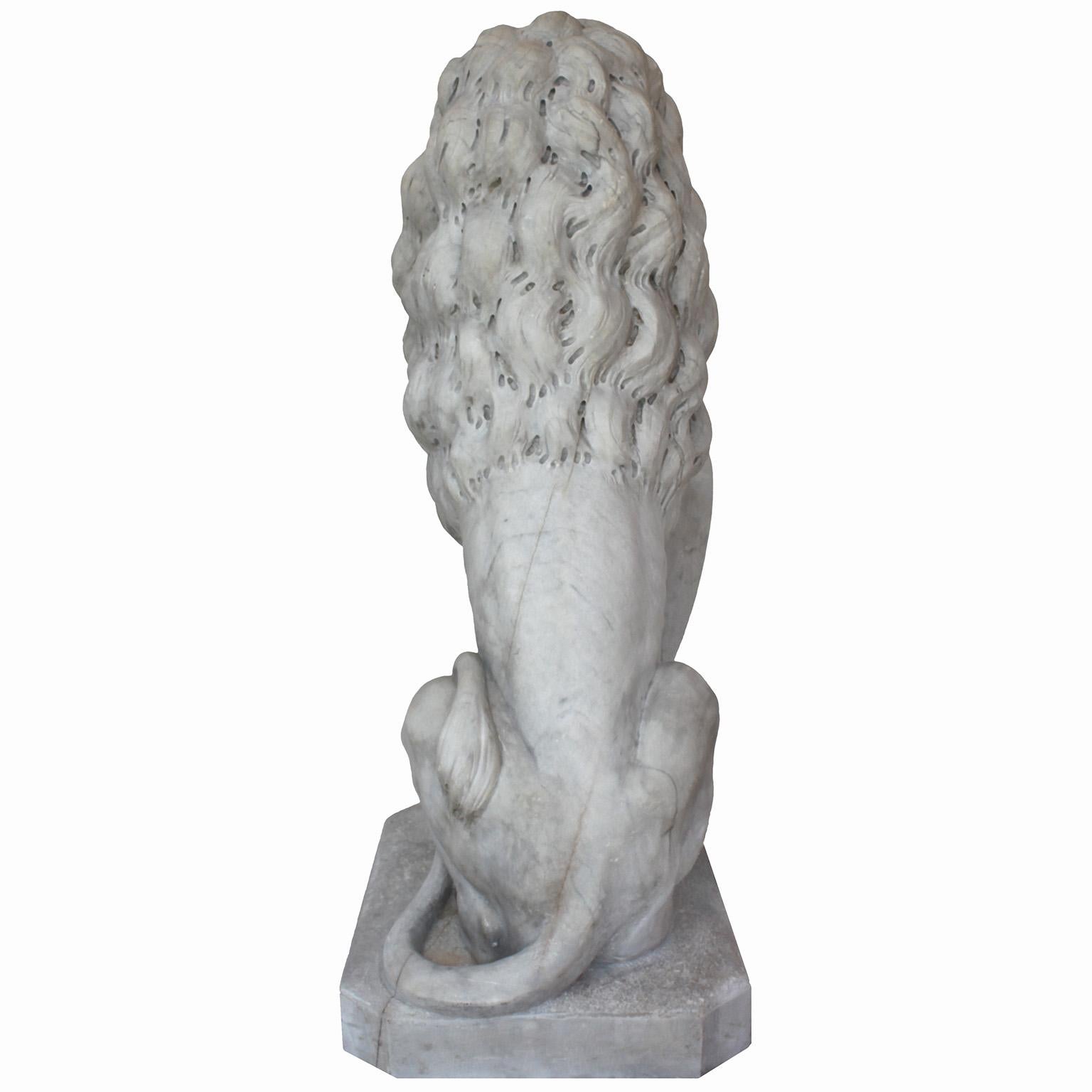  Palatial Pair of French Baroque Style 19th Century Carved Marble Sitting Lions For Sale 15