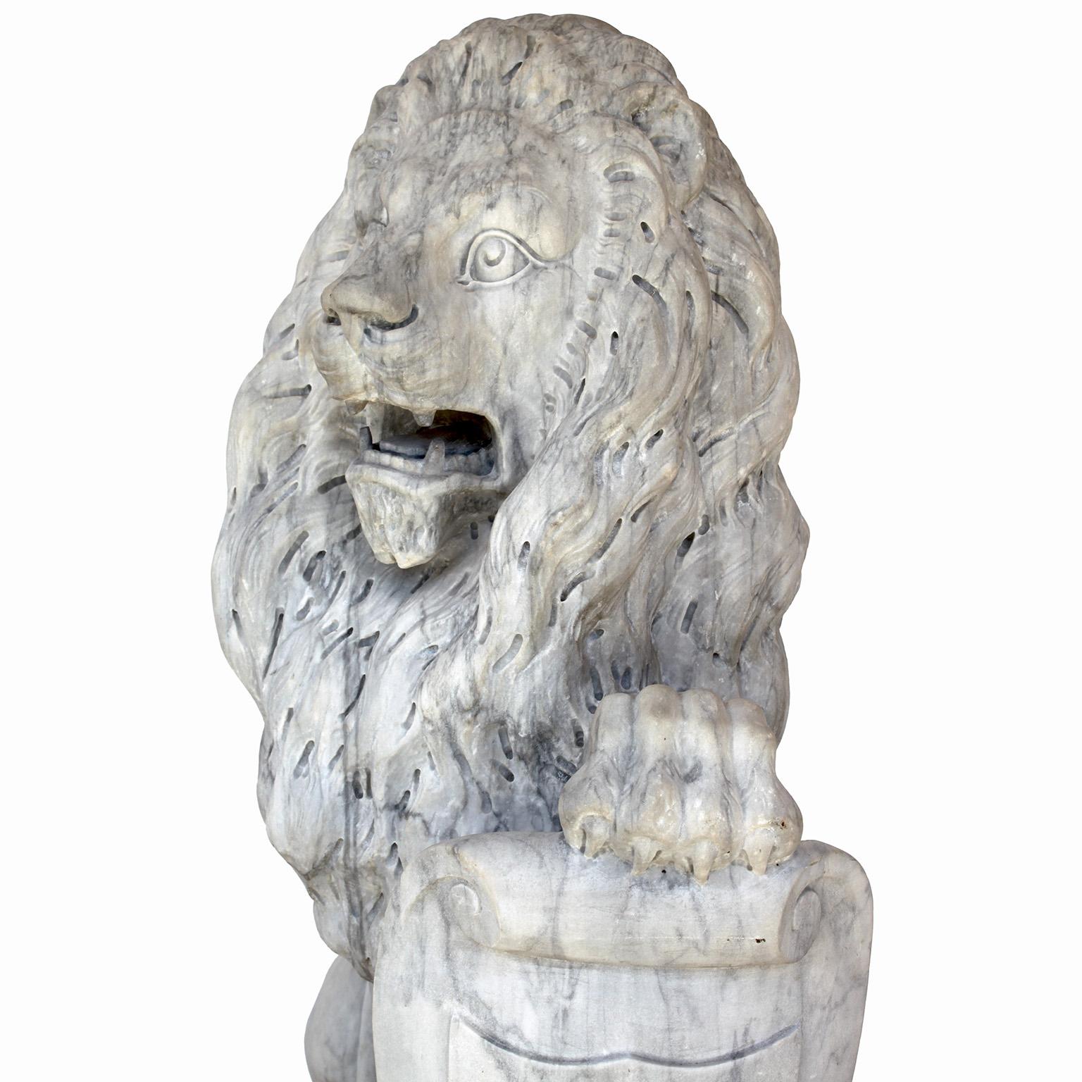  Palatial Pair of French Baroque Style 19th Century Carved Marble Sitting Lions In Good Condition For Sale In Los Angeles, CA