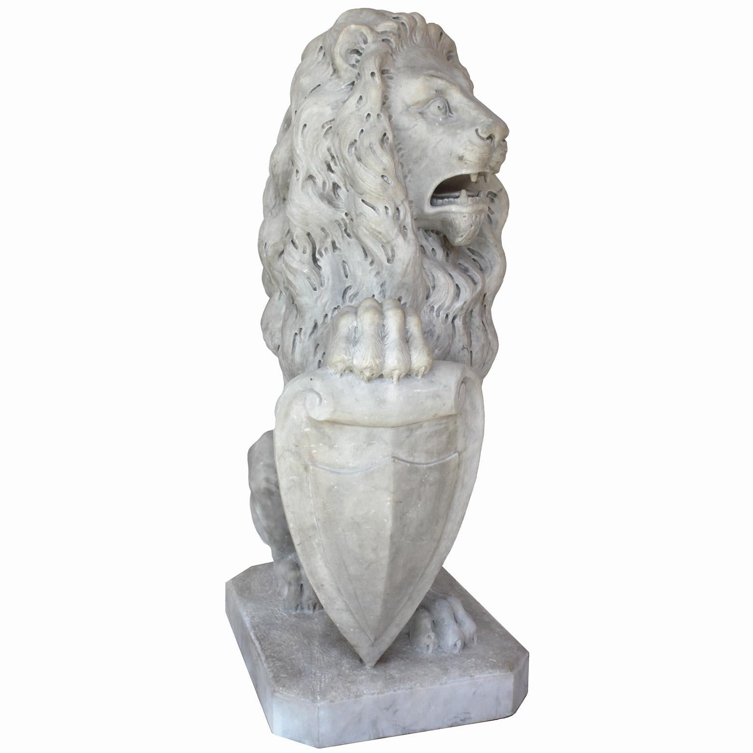  Palatial Pair of French Baroque Style 19th Century Carved Marble Sitting Lions For Sale 1