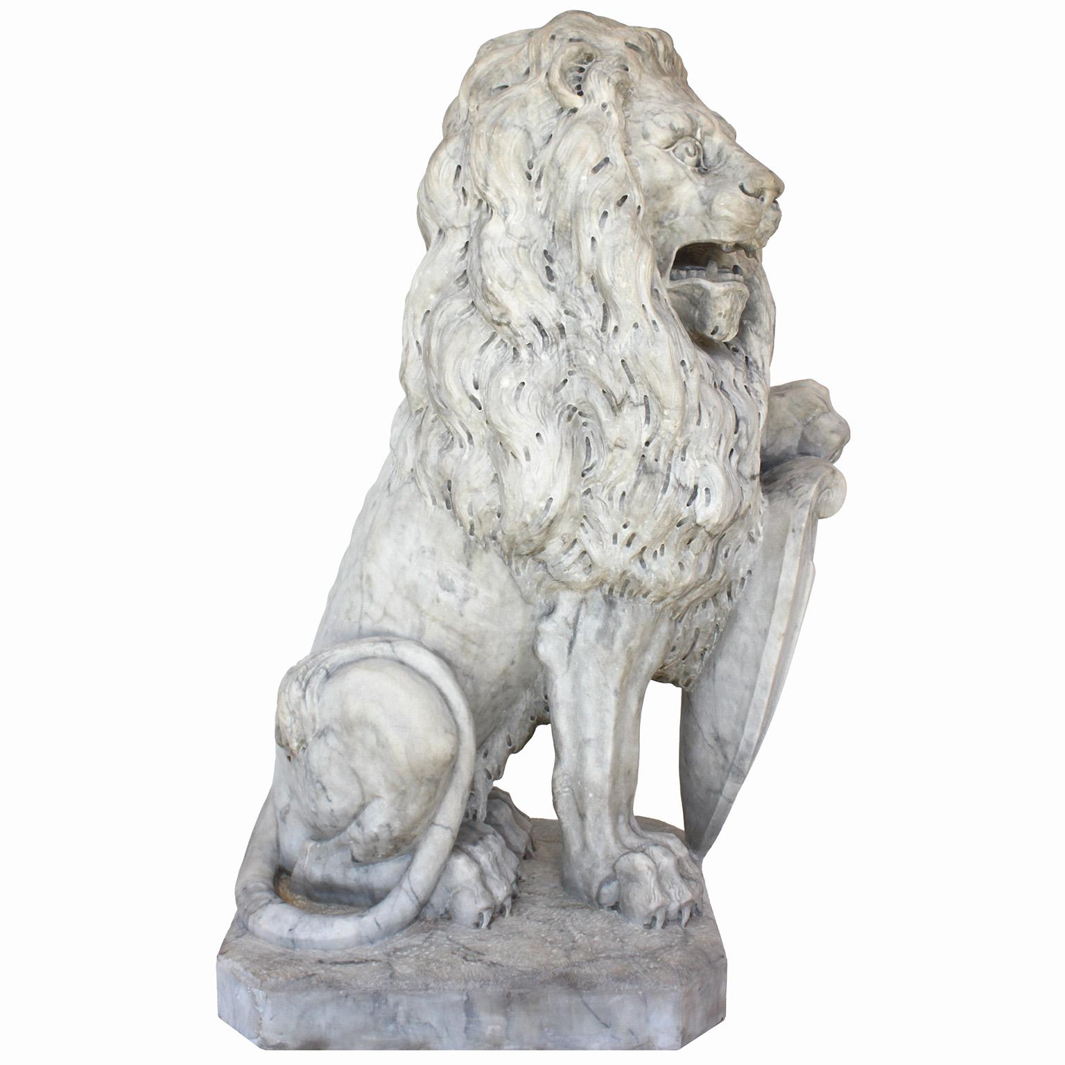  Palatial Pair of French Baroque Style 19th Century Carved Marble Sitting Lions For Sale 2