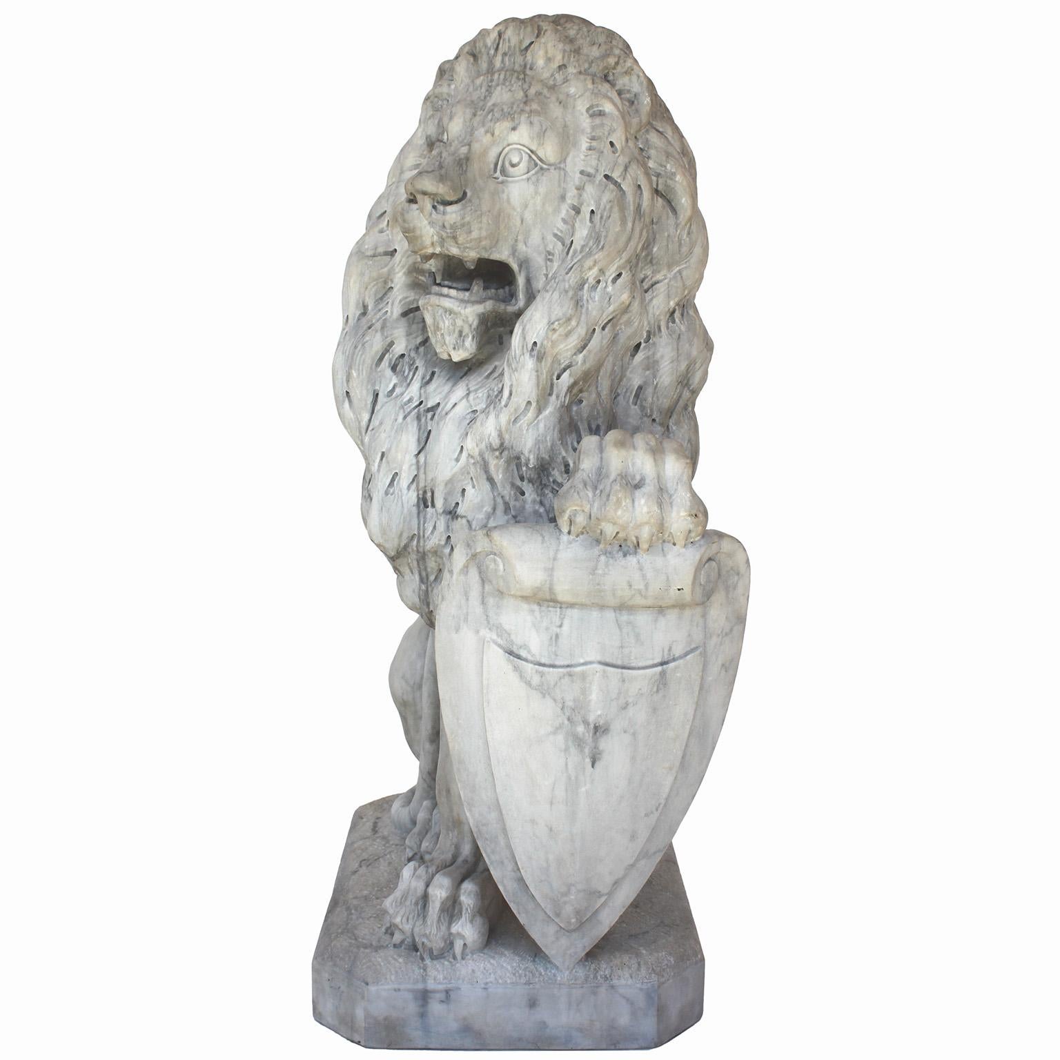  Palatial Pair of French Baroque Style 19th Century Carved Marble Sitting Lions For Sale 3