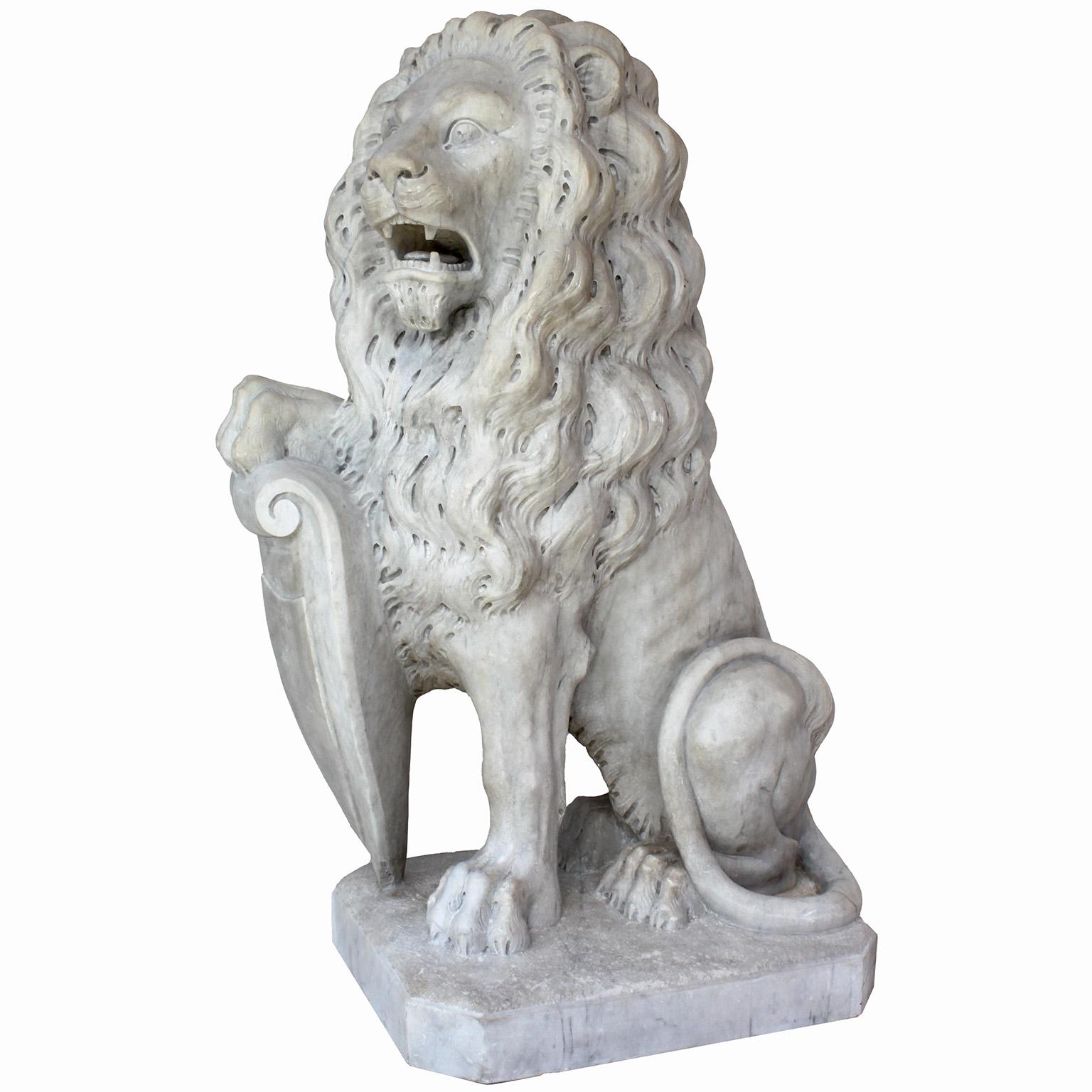  Palatial Pair of French Baroque Style 19th Century Carved Marble Sitting Lions For Sale 4