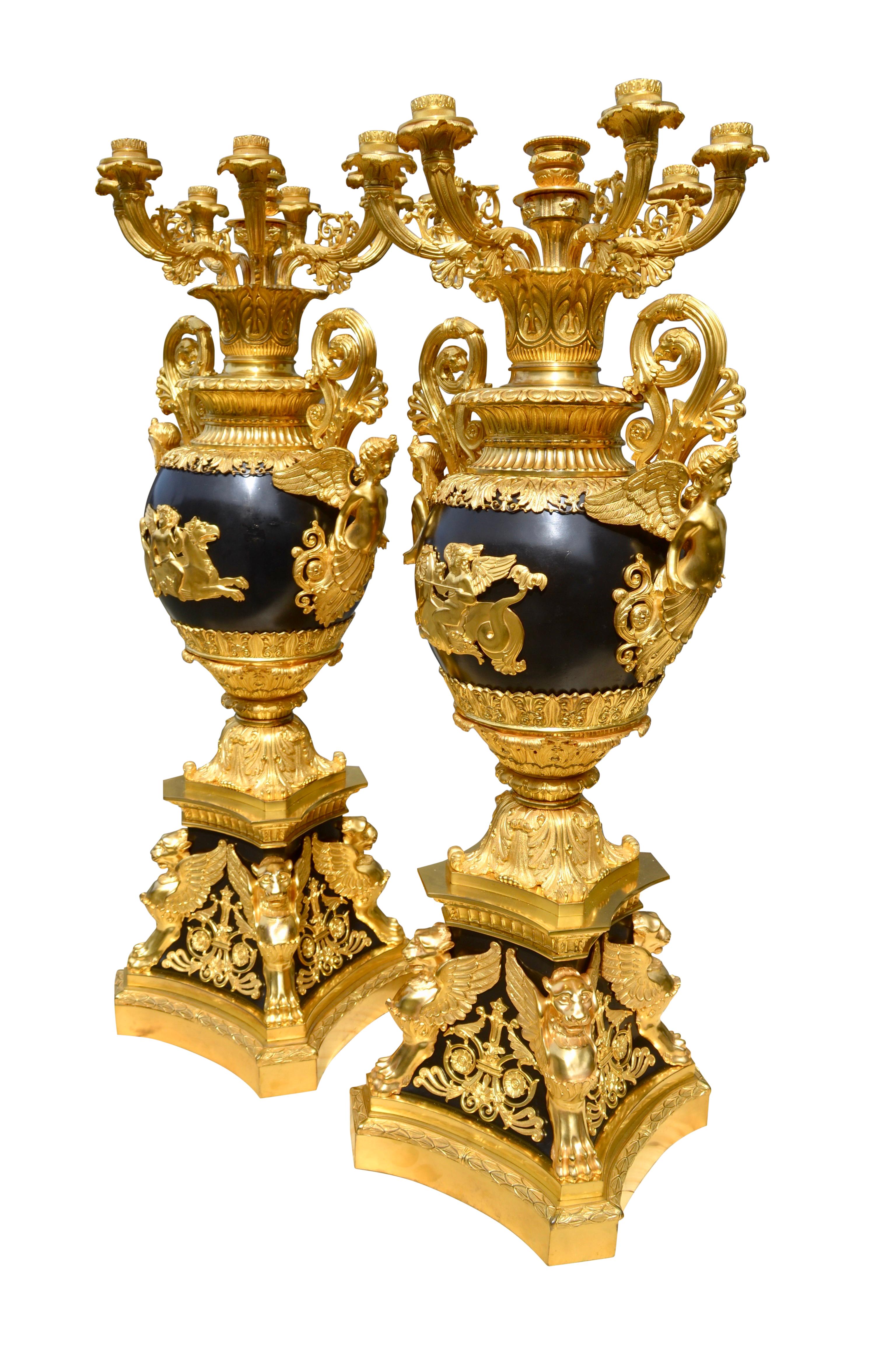 Empire Revival Palatial Pair of French Empire Style Candelabra after Thomire For Sale