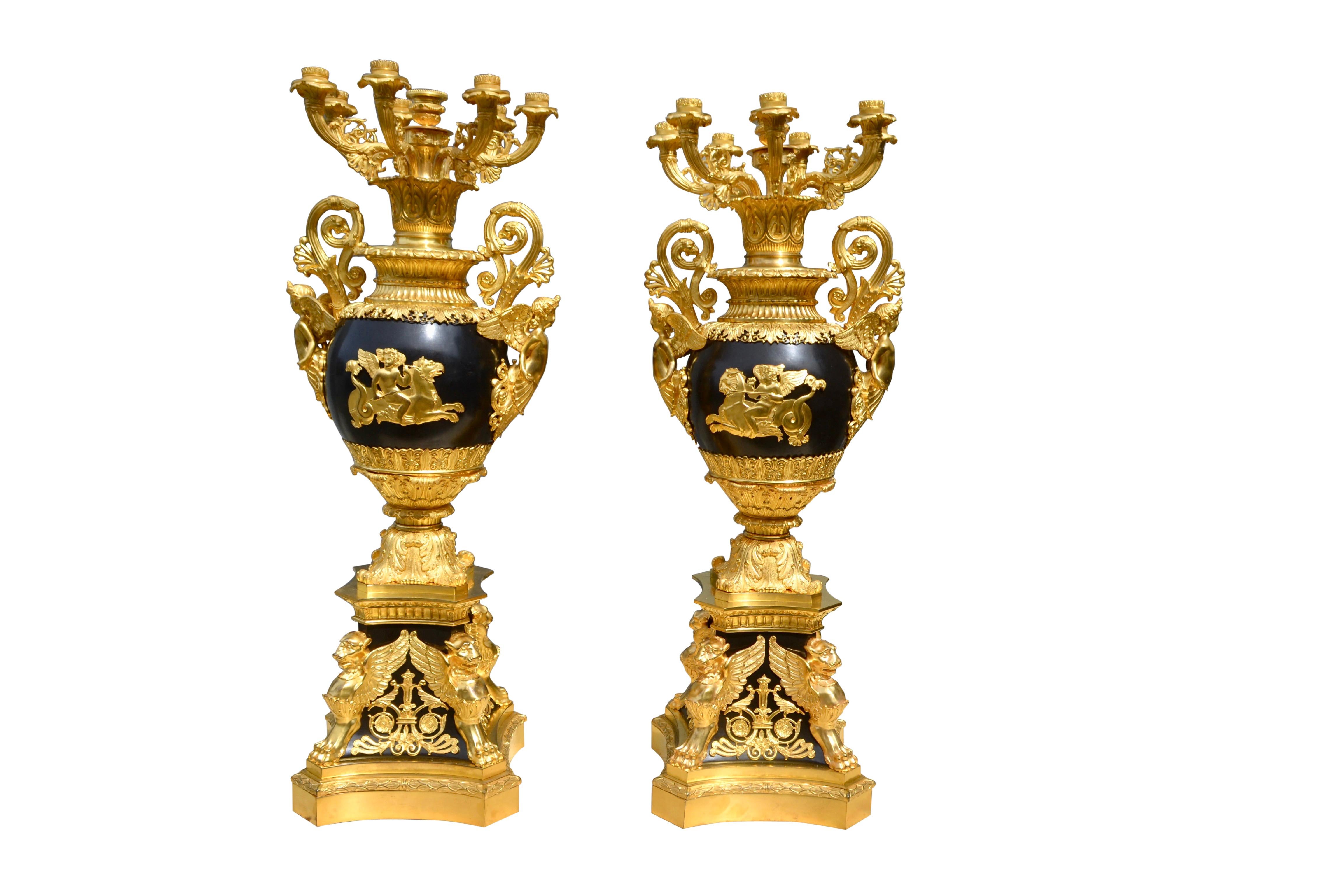 Gilt Palatial Pair of French Empire Style Candelabra after Thomire For Sale